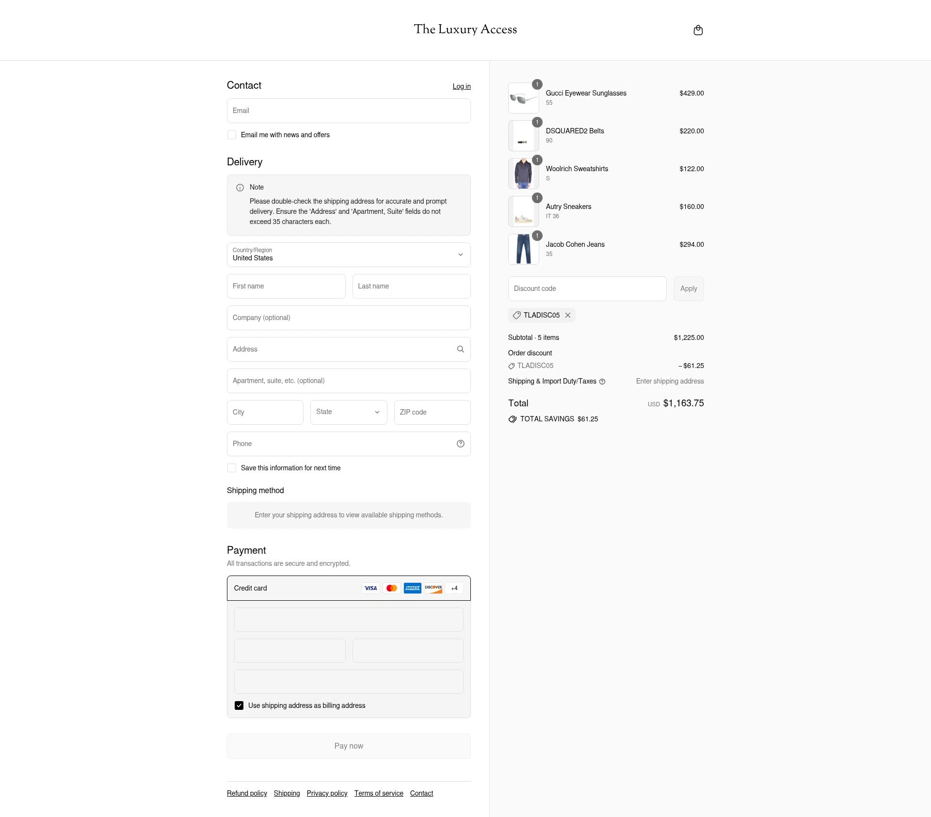The Luxury Access checkout page showing The Luxury Access promo code box | Screenshot taken by SimplyCodes community member on Jul 27, 2025