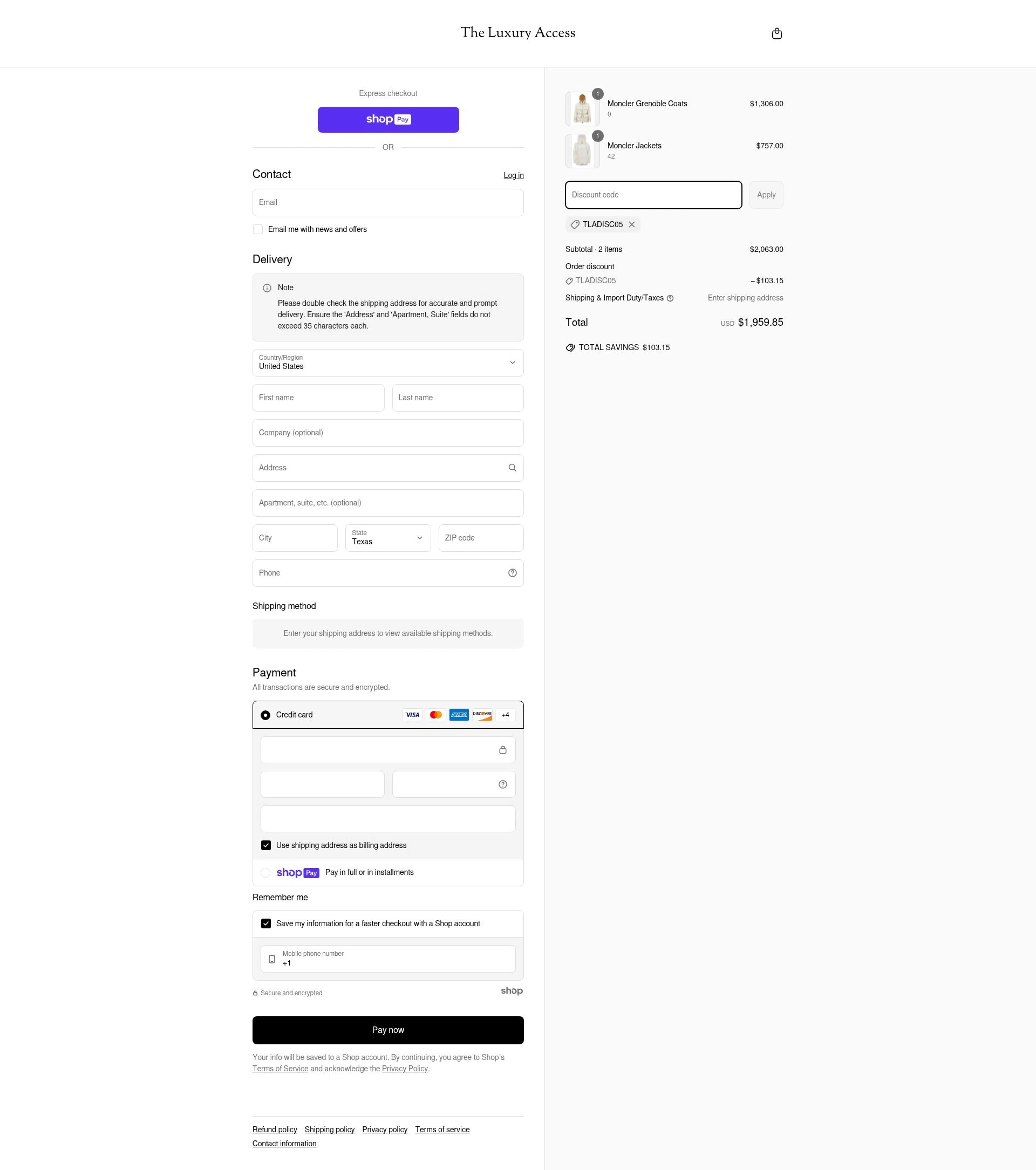 The Luxury Access checkout page showing The Luxury Access promo code box | Screenshot taken by SimplyCodes community member on Jun 26, 2025