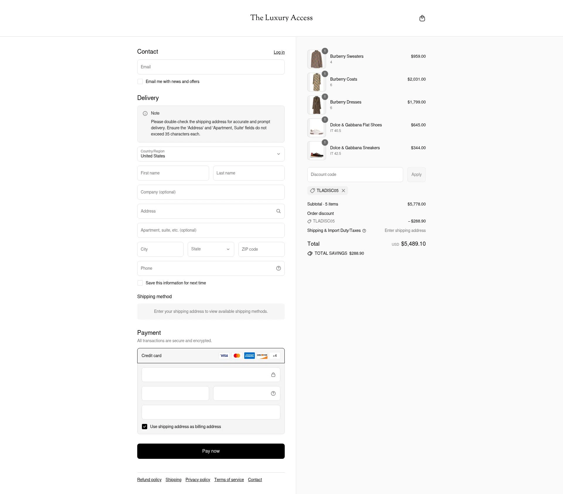 The Luxury Access checkout page showing The Luxury Access promo code box | Screenshot taken by SimplyCodes community member on Aug 1, 2025