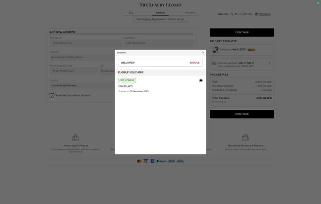 The Luxury Closet UK checkout page showing The Luxury Closet UK promo code box | Screenshot taken by SimplyCodes community member on Sep 4, 2025