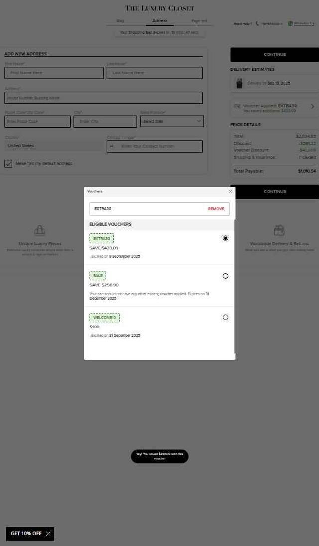 The Luxury Closet UK checkout page showing The Luxury Closet UK promo code box | Screenshot taken by SimplyCodes community member on Sep 8, 2025