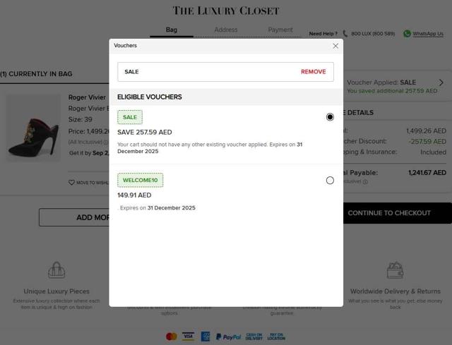 The Luxury Closet UK checkout page showing The Luxury Closet UK promo code box | Screenshot taken by SimplyCodes community member on Aug 31, 2025