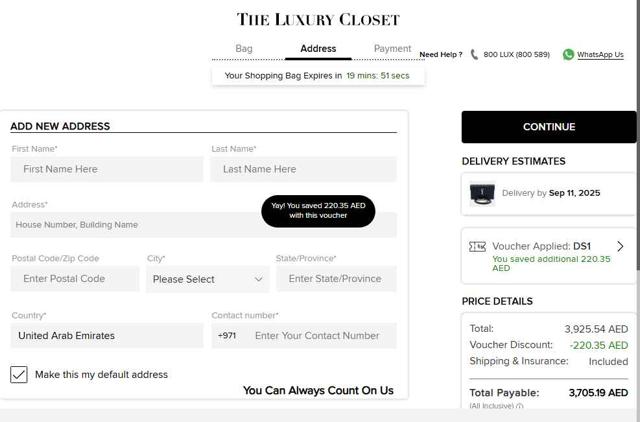 The Luxury Closet UK checkout page showing The Luxury Closet UK promo code box | Screenshot taken by SimplyCodes community member on Aug 30, 2025