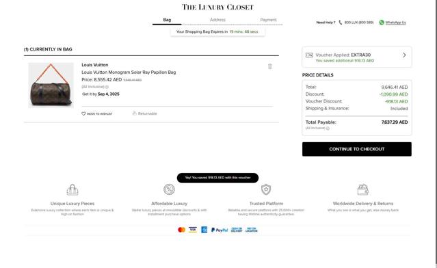 The Luxury Closet UK checkout page showing The Luxury Closet UK promo code box | Screenshot taken by SimplyCodes community member on Sep 2, 2025