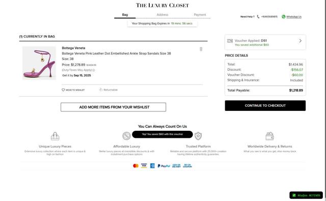 The Luxury Closet UK checkout page showing The Luxury Closet UK promo code box | Screenshot taken by SimplyCodes community member on Sep 10, 2025