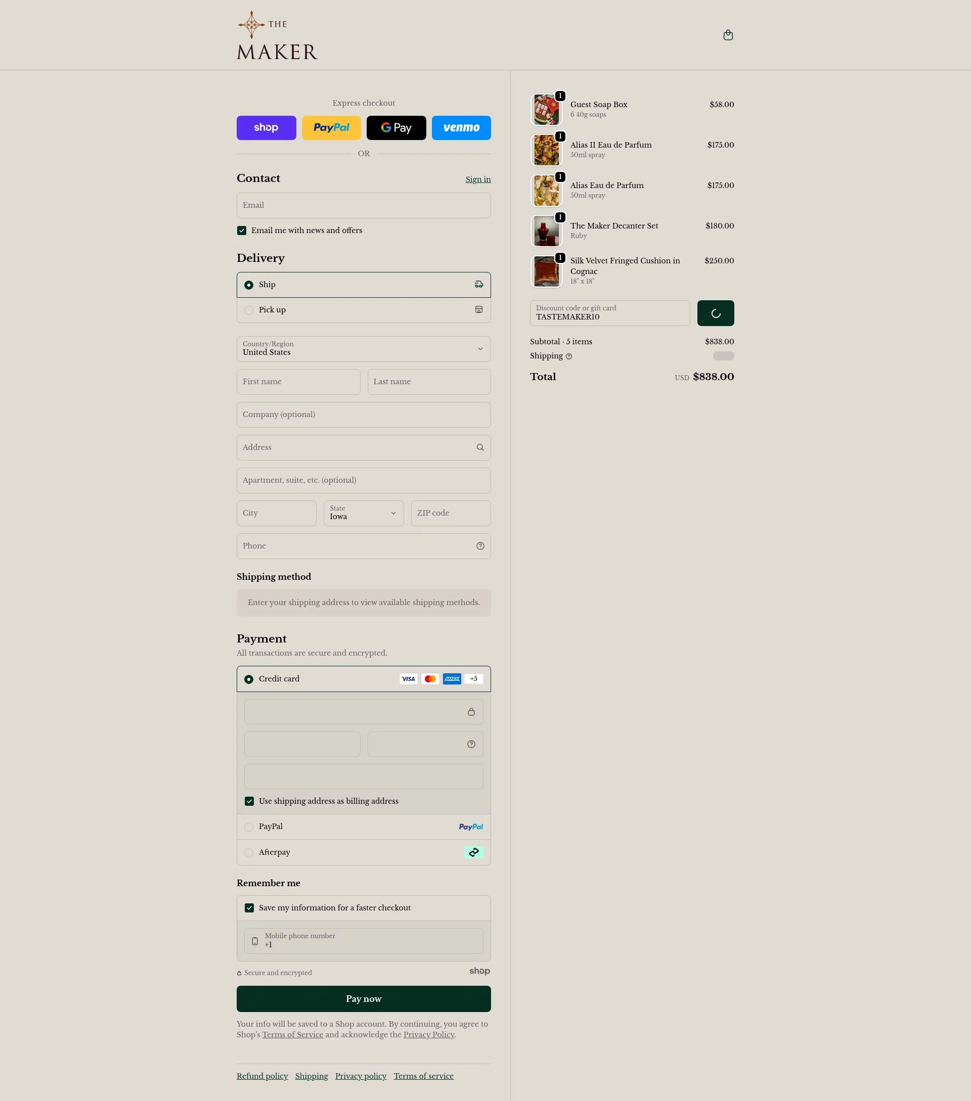 The Maker Shop checkout page showing The Maker Shop promo code box | Screenshot taken by SimplyCodes community member on Jan 8, 2026