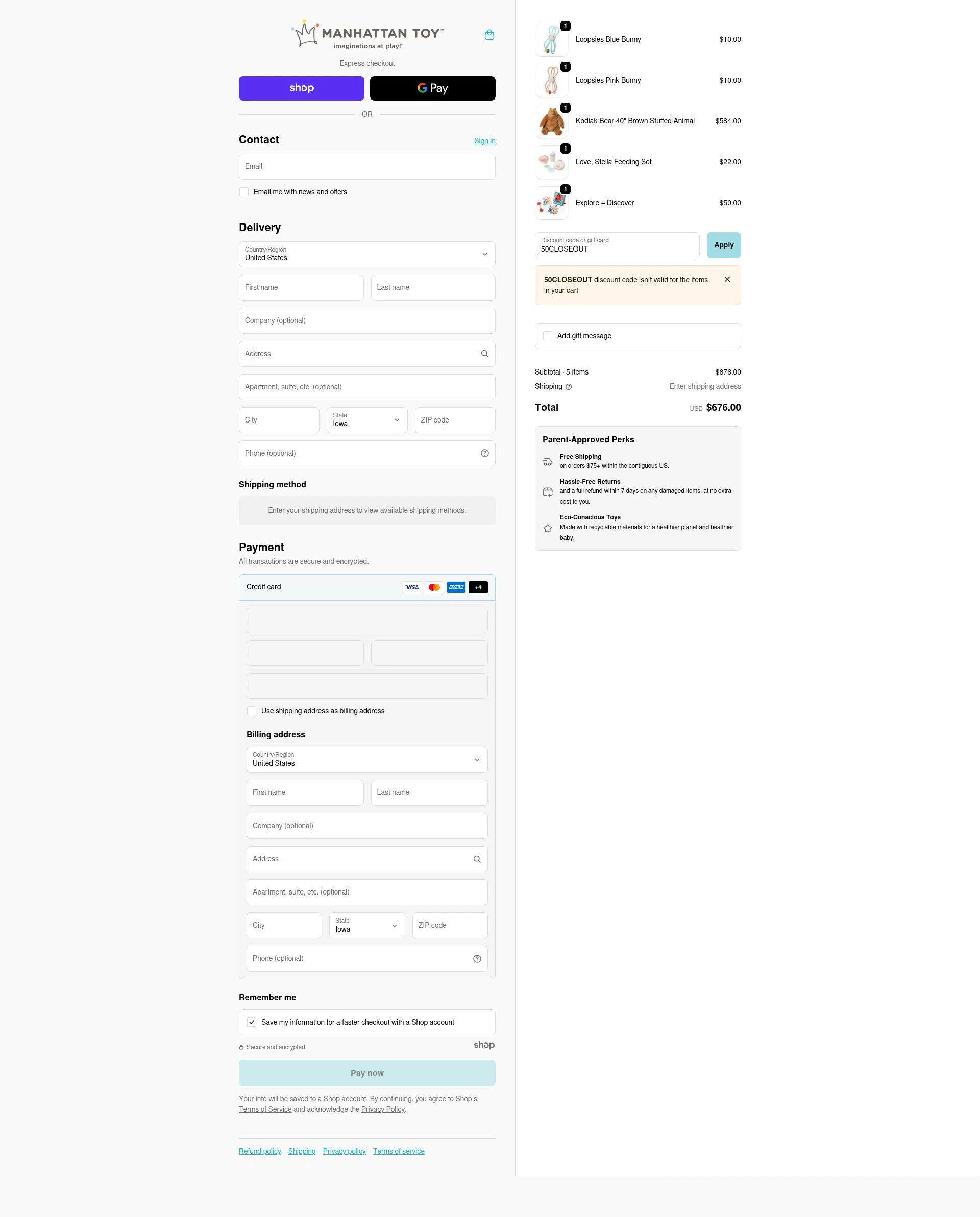 The Manhattan Toy Company checkout page showing The Manhattan Toy Company promo code box | Screenshot taken by SimplyCodes community member on Nov 17, 2025