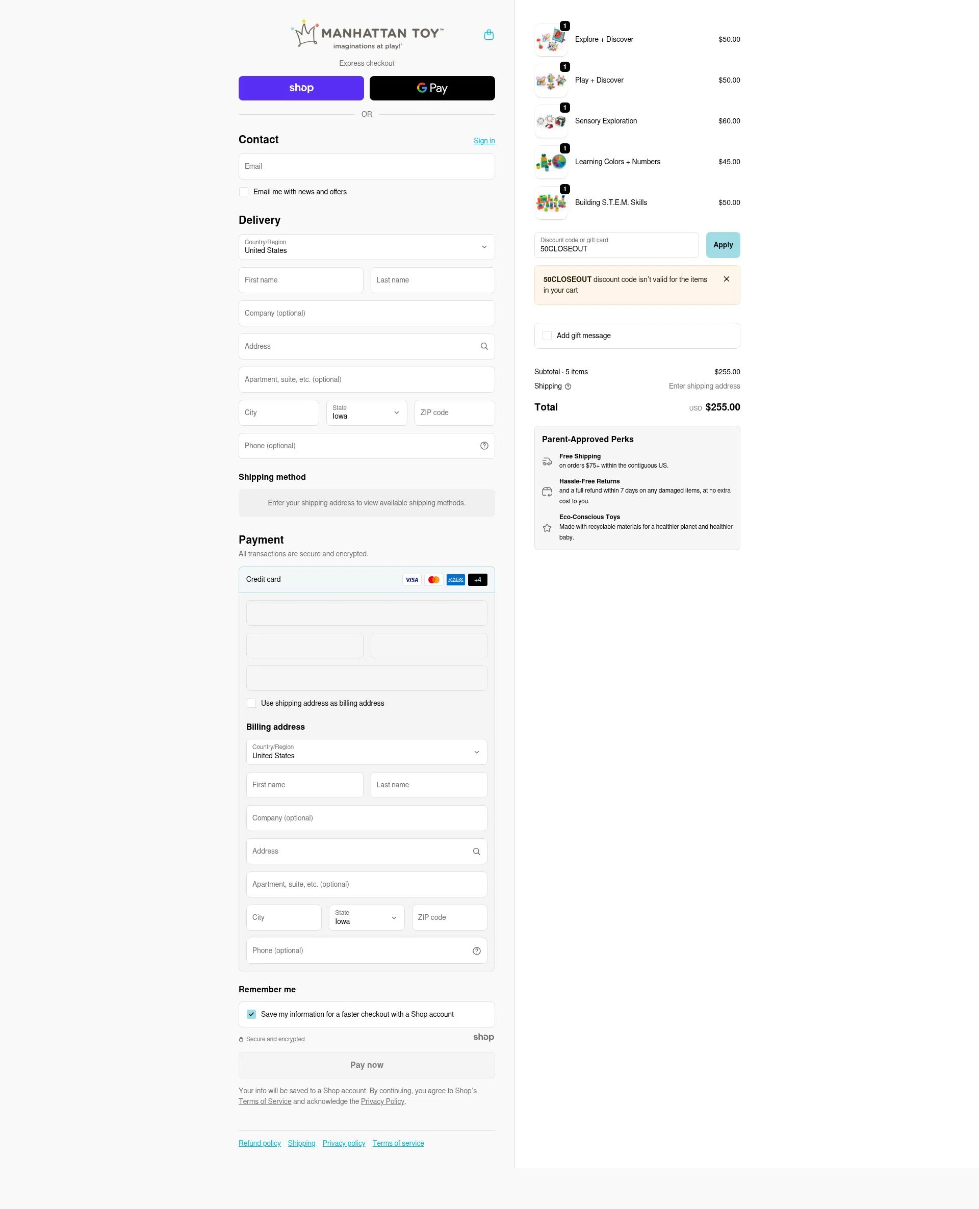 The Manhattan Toy Company checkout page showing The Manhattan Toy Company promo code box | Screenshot taken by SimplyCodes community member on Oct 29, 2025