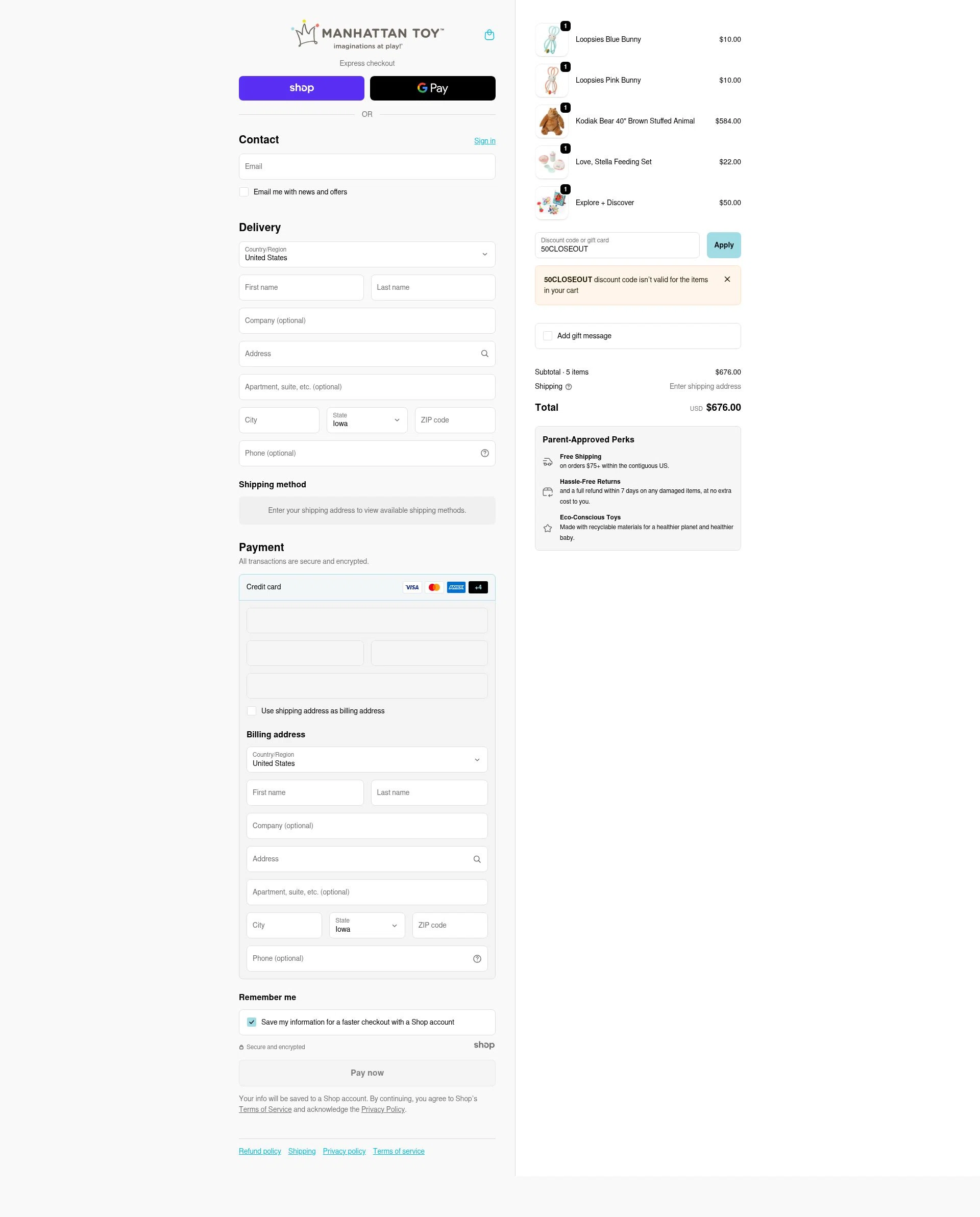 The Manhattan Toy Company checkout page showing The Manhattan Toy Company promo code box | Screenshot taken by SimplyCodes community member on Nov 27, 2025