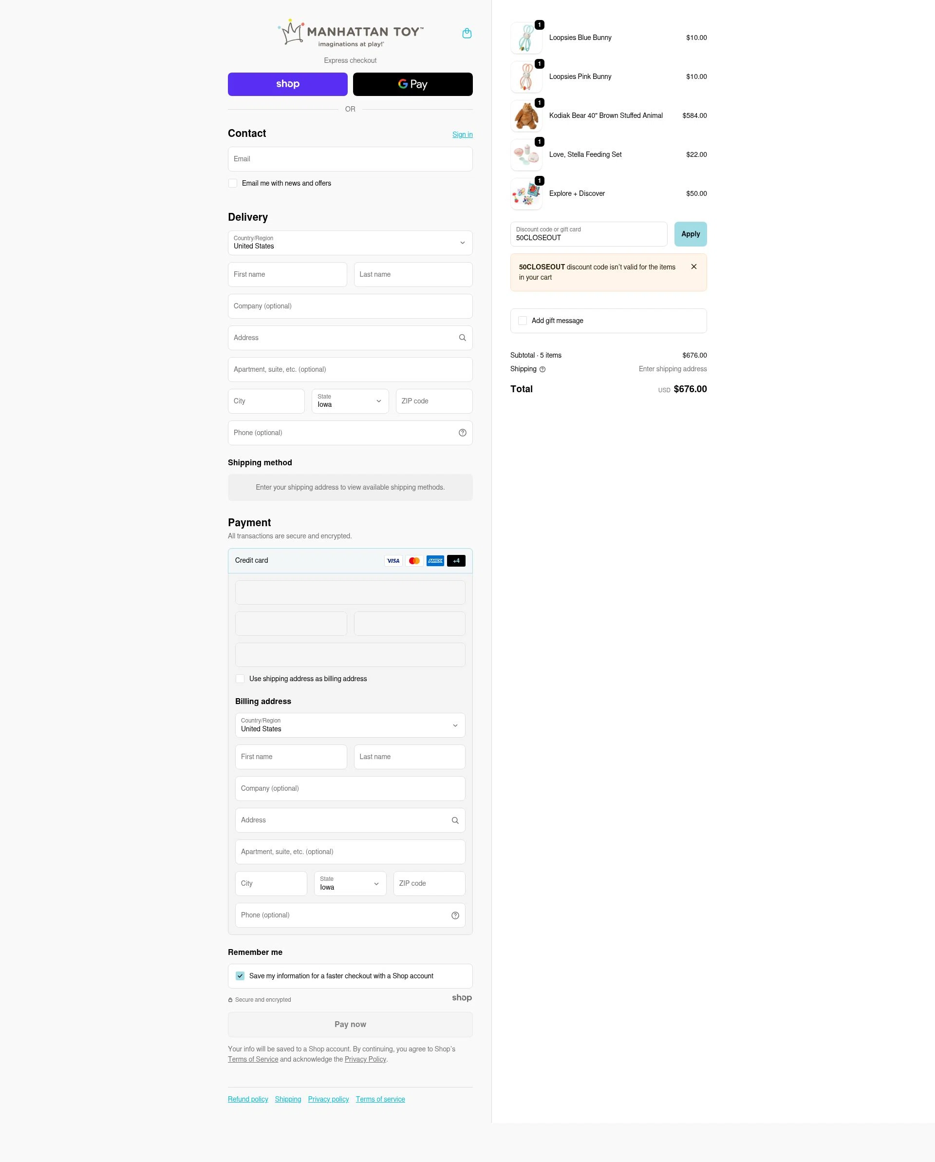 The Manhattan Toy Company checkout page showing The Manhattan Toy Company promo code box | Screenshot taken by SimplyCodes community member on Dec 2, 2025