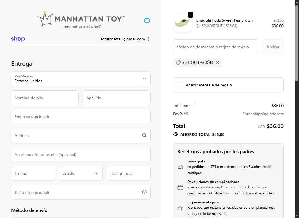 The Manhattan Toy Company checkout page showing The Manhattan Toy Company promo code box | Screenshot taken by SimplyCodes community member on Nov 17, 2025