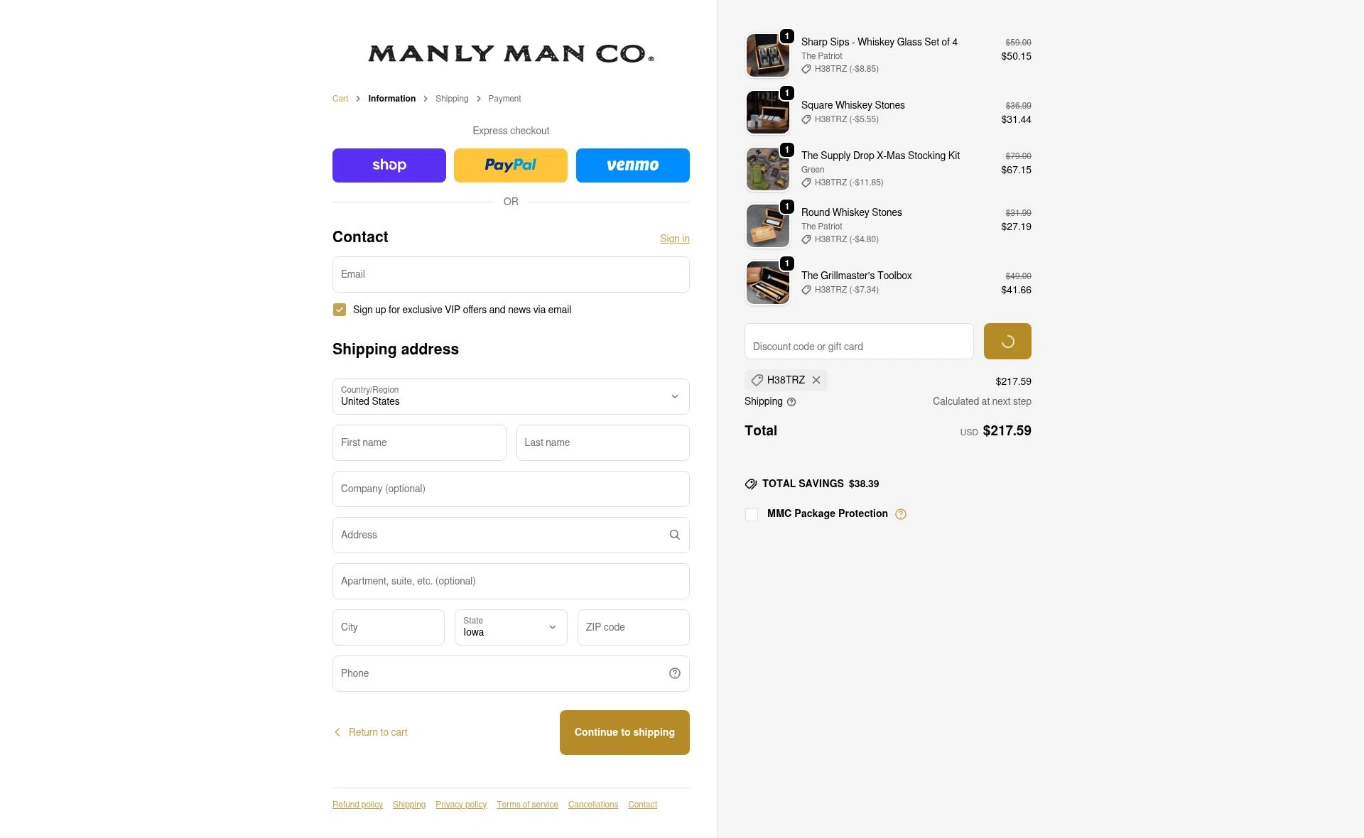 The Manly Man Co checkout page showing The Manly Man Co coupon code box | Screenshot taken by SimplyCodes community member on Feb 5, 2026