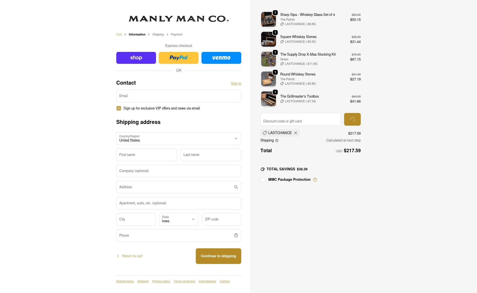 The Manly Man Co checkout page showing The Manly Man Co coupon code box | Screenshot taken by SimplyCodes community member on Feb 5, 2026