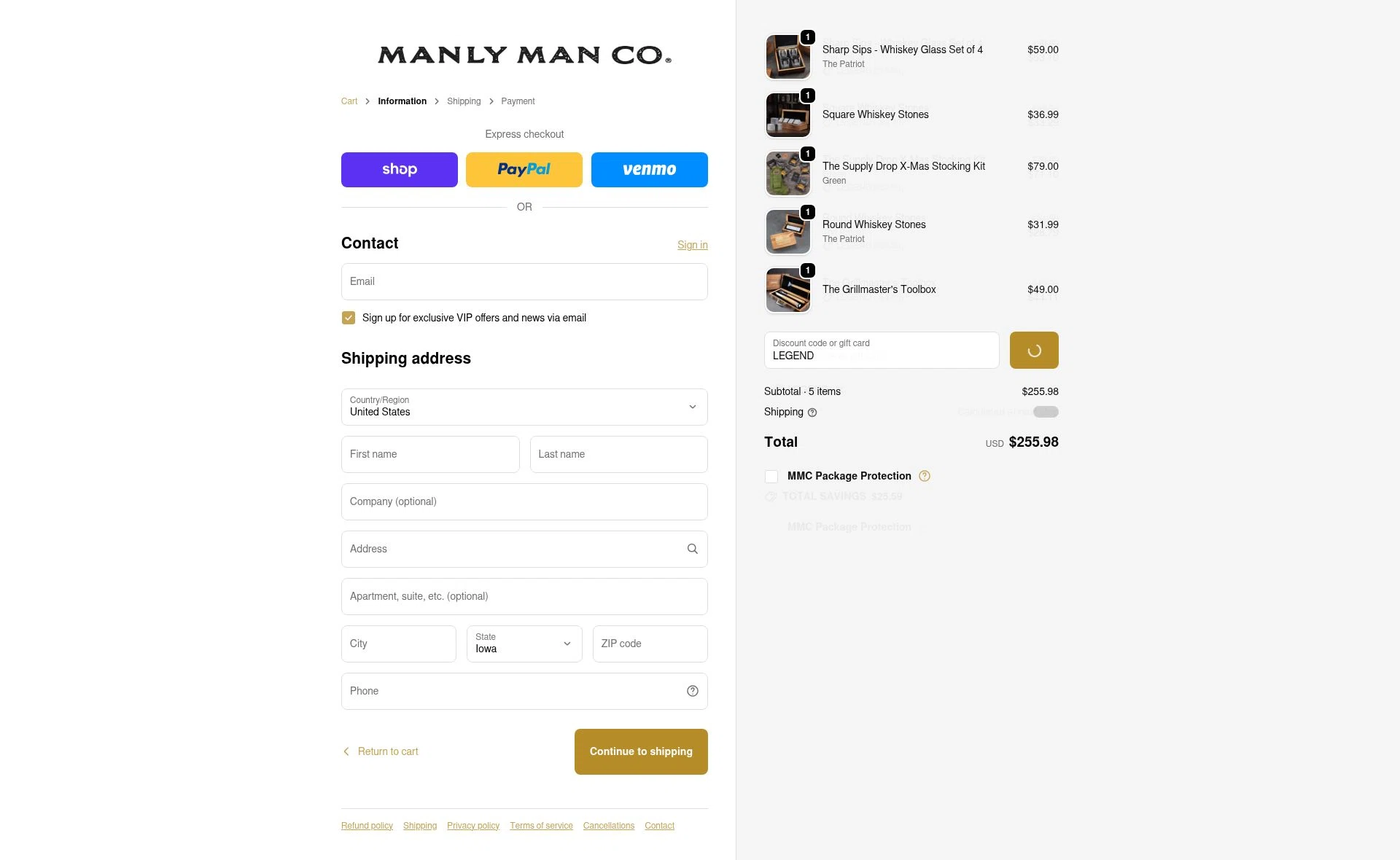 The Manly Man Co checkout page showing The Manly Man Co coupon code box | Screenshot taken by SimplyCodes community member on Feb 5, 2026