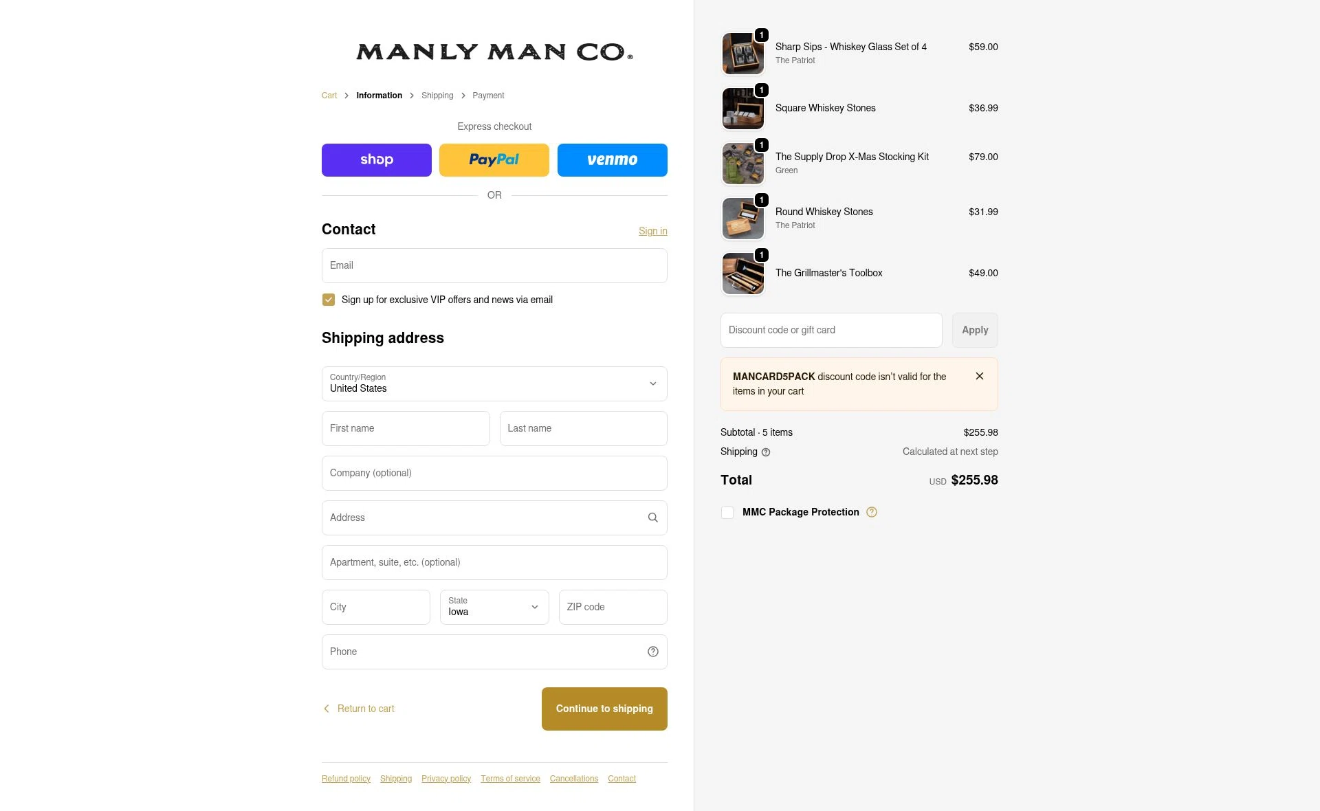 The Manly Man Co checkout page showing The Manly Man Co coupon code box | Screenshot taken by SimplyCodes community member on Feb 5, 2026