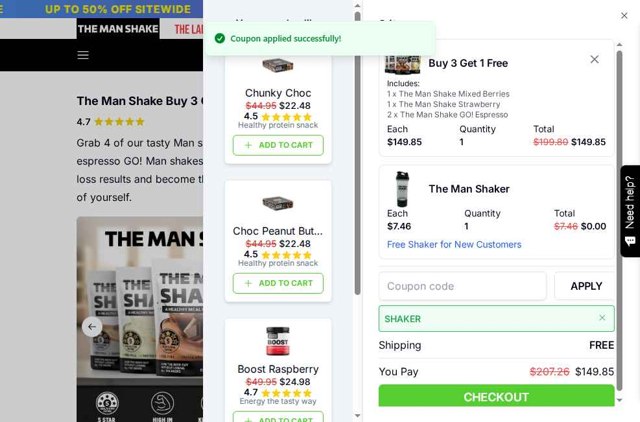 The Man Shake checkout page showing The Man Shake coupon code box | Screenshot taken by SimplyCodes community member on May 11, 2025