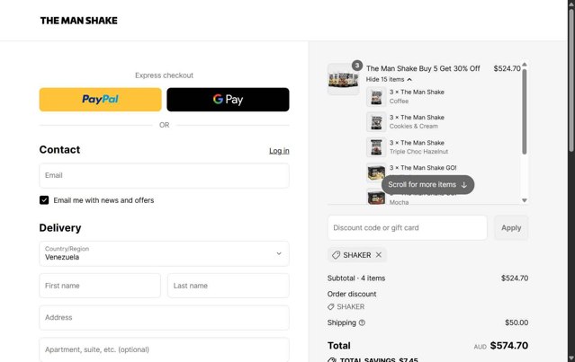 The Man Shake checkout page showing The Man Shake coupon code box | Screenshot taken by SimplyCodes community member on Jul 14, 2025