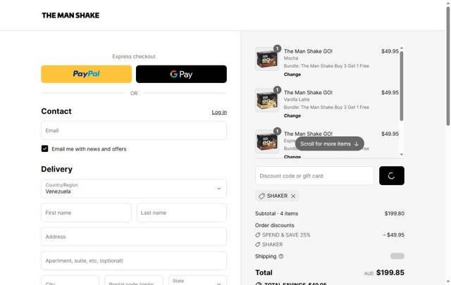 The Man Shake checkout page showing The Man Shake coupon code box | Screenshot taken by SimplyCodes community member on Jul 14, 2025