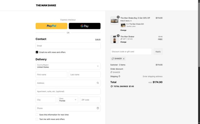 The Man Shake checkout page showing The Man Shake coupon code box | Screenshot taken by SimplyCodes community member on Jul 14, 2025