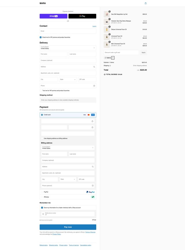 MARA Beauty checkout page showing MARA Beauty promo code box | Screenshot taken by SimplyCodes community member on Feb 4, 2025