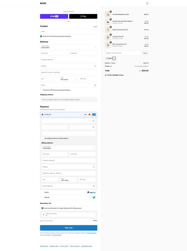 MARA Beauty checkout page showing MARA Beauty promo code box | Screenshot taken by SimplyCodes community member on Feb 9, 2025