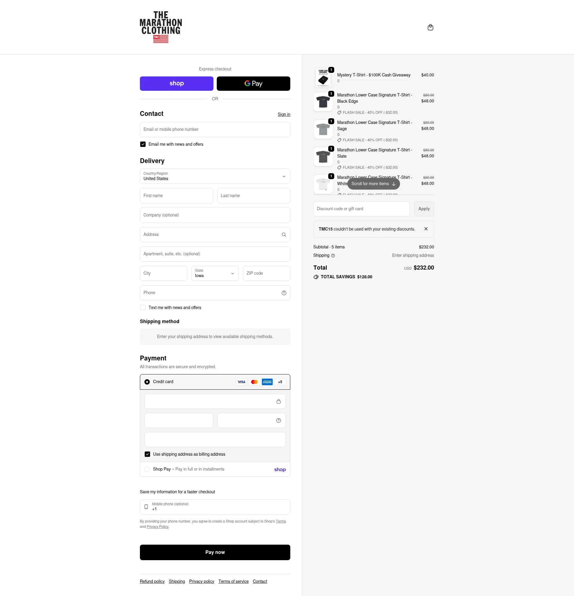 The Marathon Clothing checkout page showing The Marathon Clothing discount code box | Screenshot taken by SimplyCodes community member on Feb 10, 2026