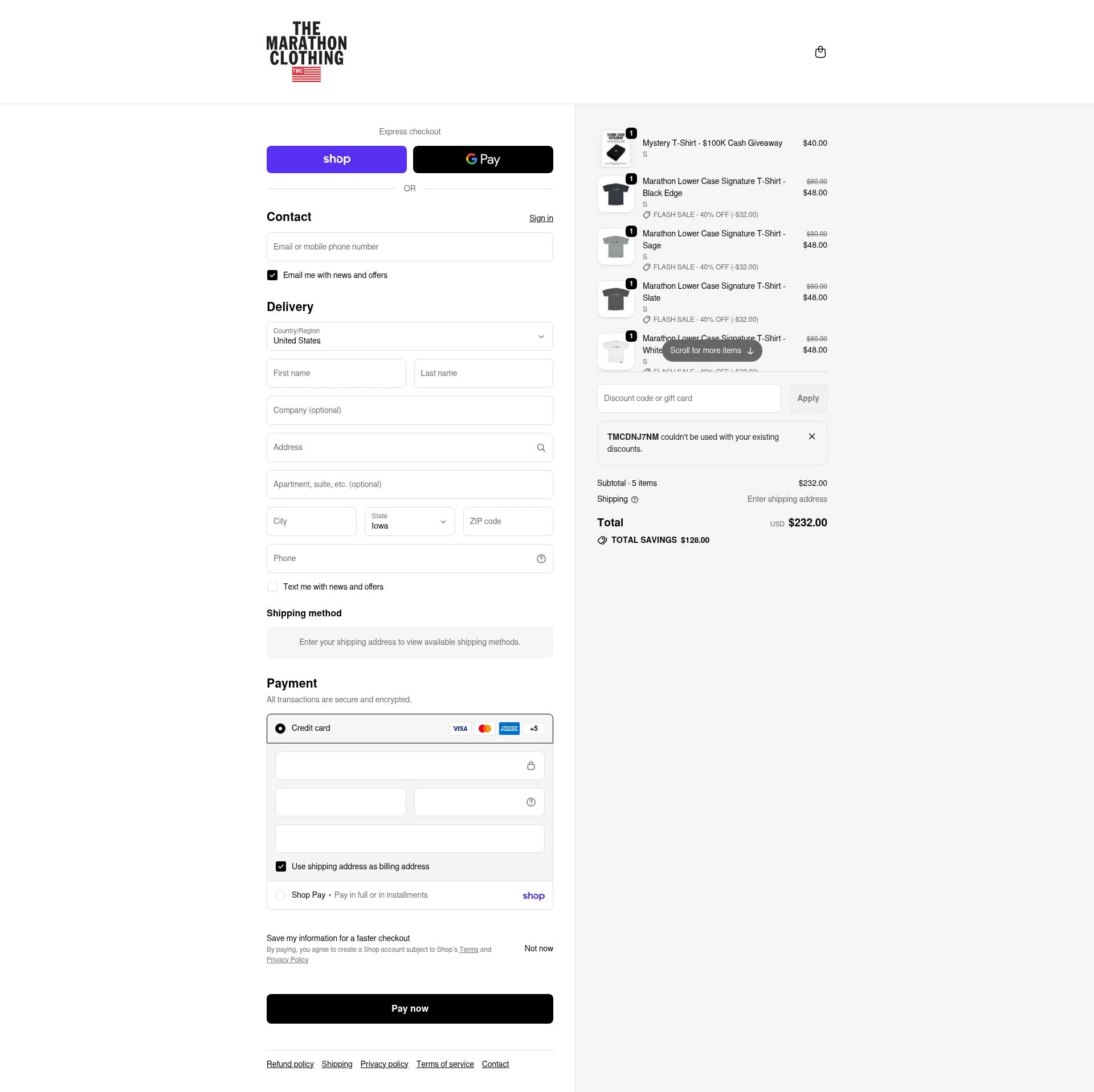The Marathon Clothing checkout page showing The Marathon Clothing discount code box | Screenshot taken by SimplyCodes community member on Feb 14, 2026