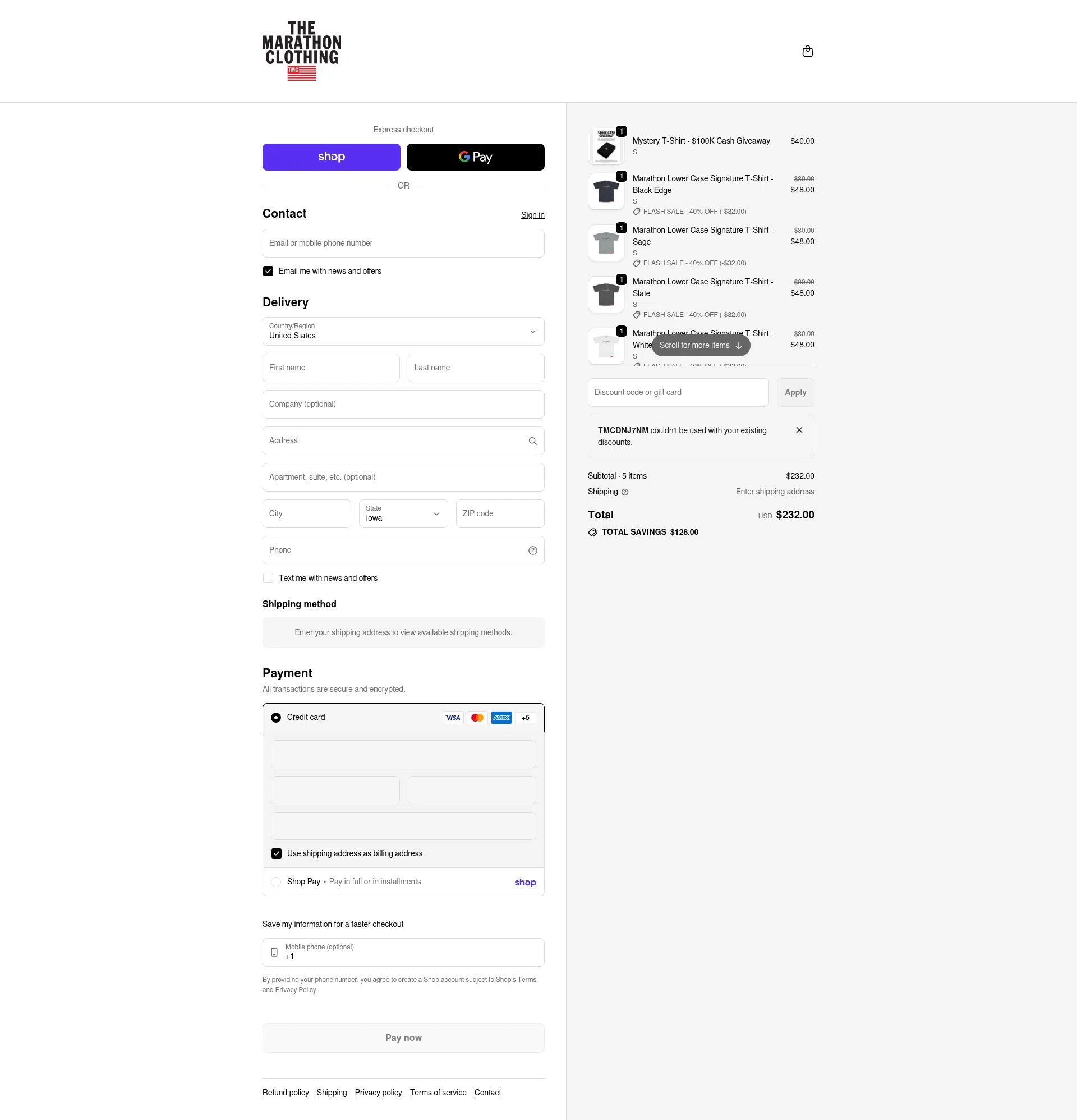 The Marathon Clothing checkout page showing The Marathon Clothing discount code box | Screenshot taken by SimplyCodes community member on Feb 10, 2026