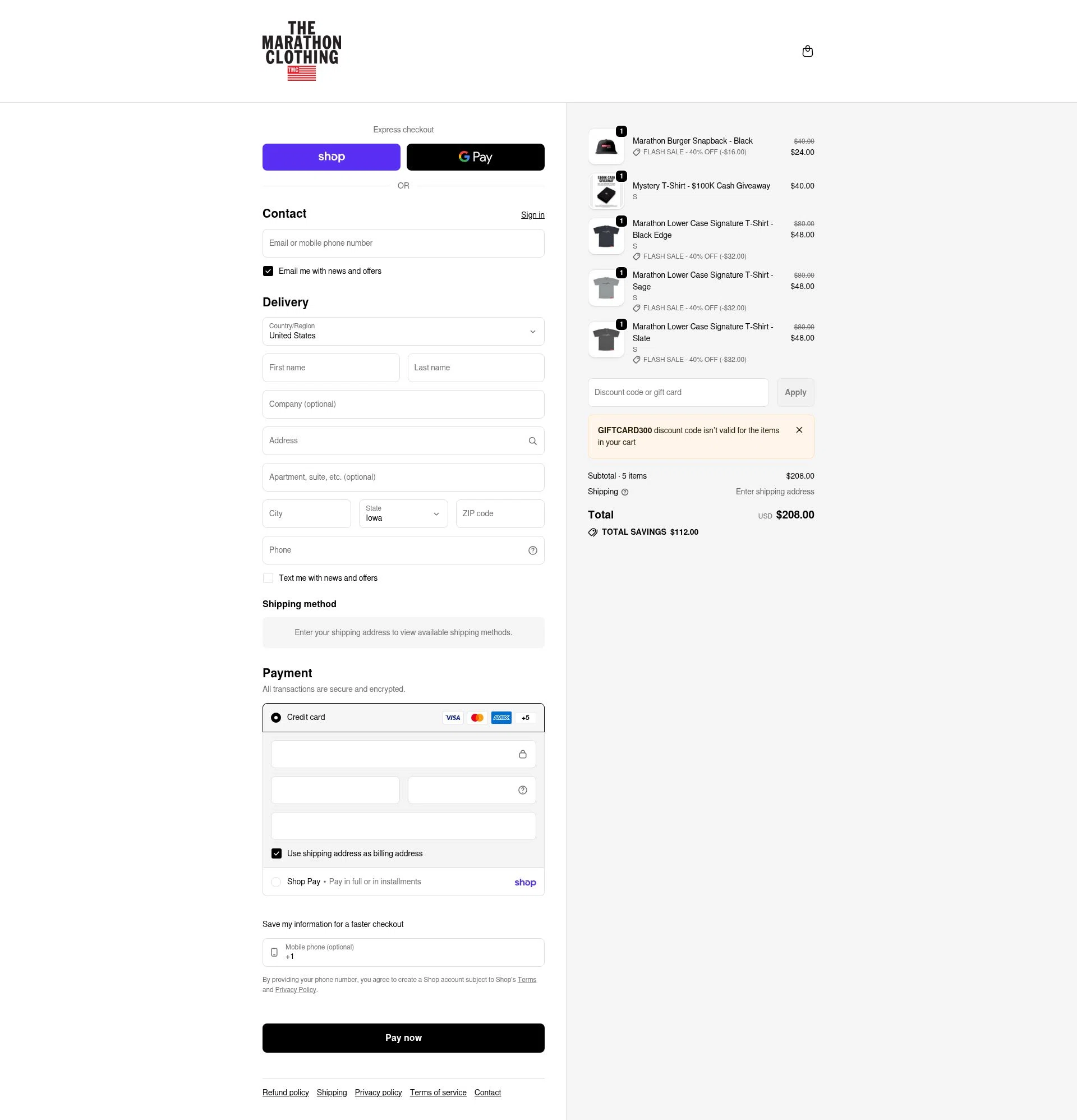 The Marathon Clothing checkout page showing The Marathon Clothing discount code box | Screenshot taken by SimplyCodes community member on Feb 19, 2026