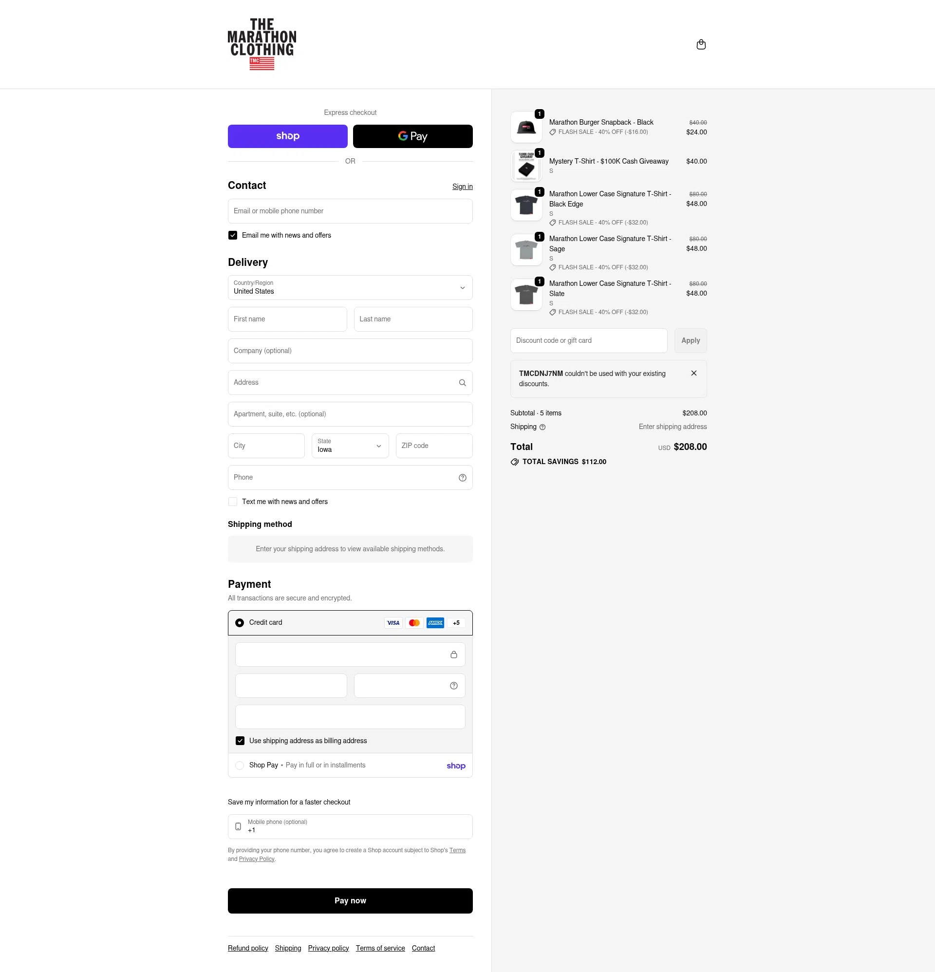 The Marathon Clothing checkout page showing The Marathon Clothing discount code box | Screenshot taken by SimplyCodes community member on Feb 19, 2026