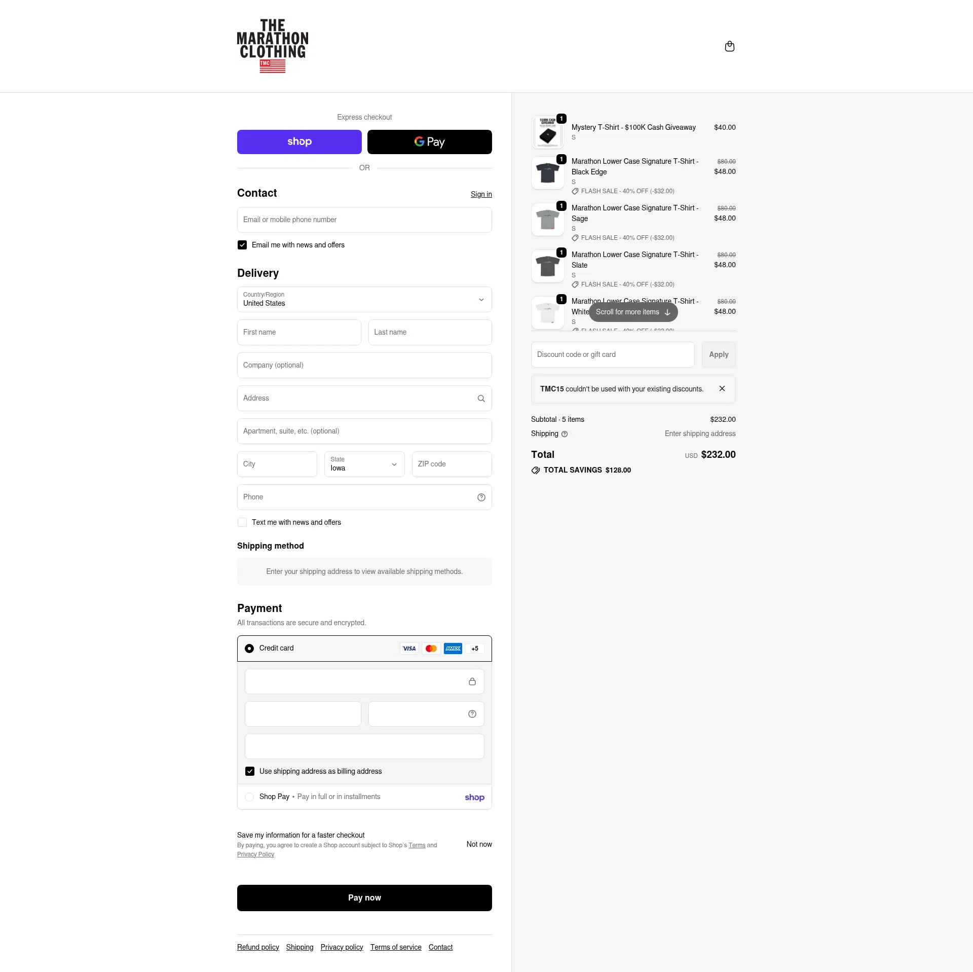 The Marathon Clothing checkout page showing The Marathon Clothing discount code box | Screenshot taken by SimplyCodes community member on Feb 14, 2026