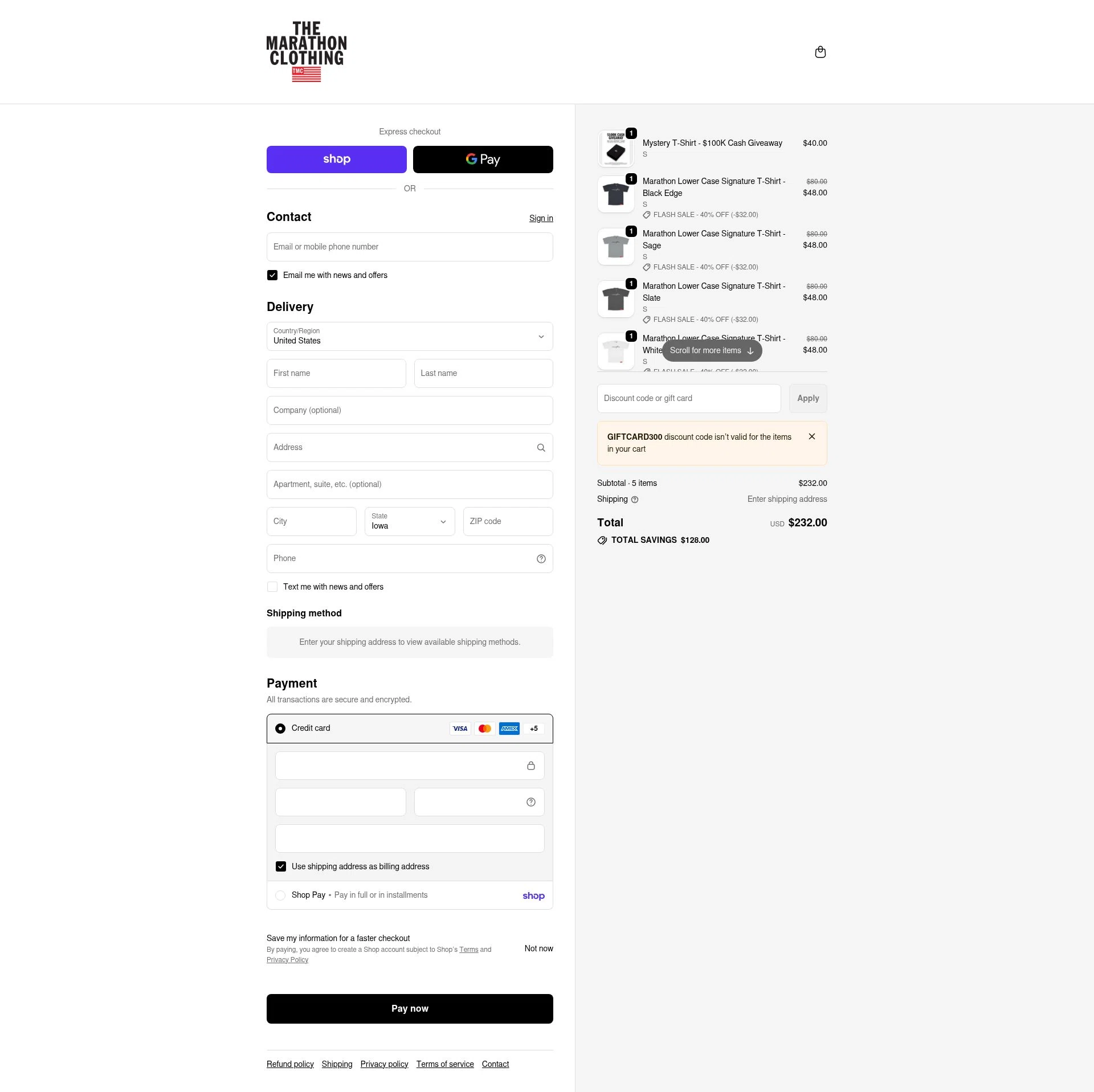 The Marathon Clothing checkout page showing The Marathon Clothing discount code box | Screenshot taken by SimplyCodes community member on Feb 14, 2026