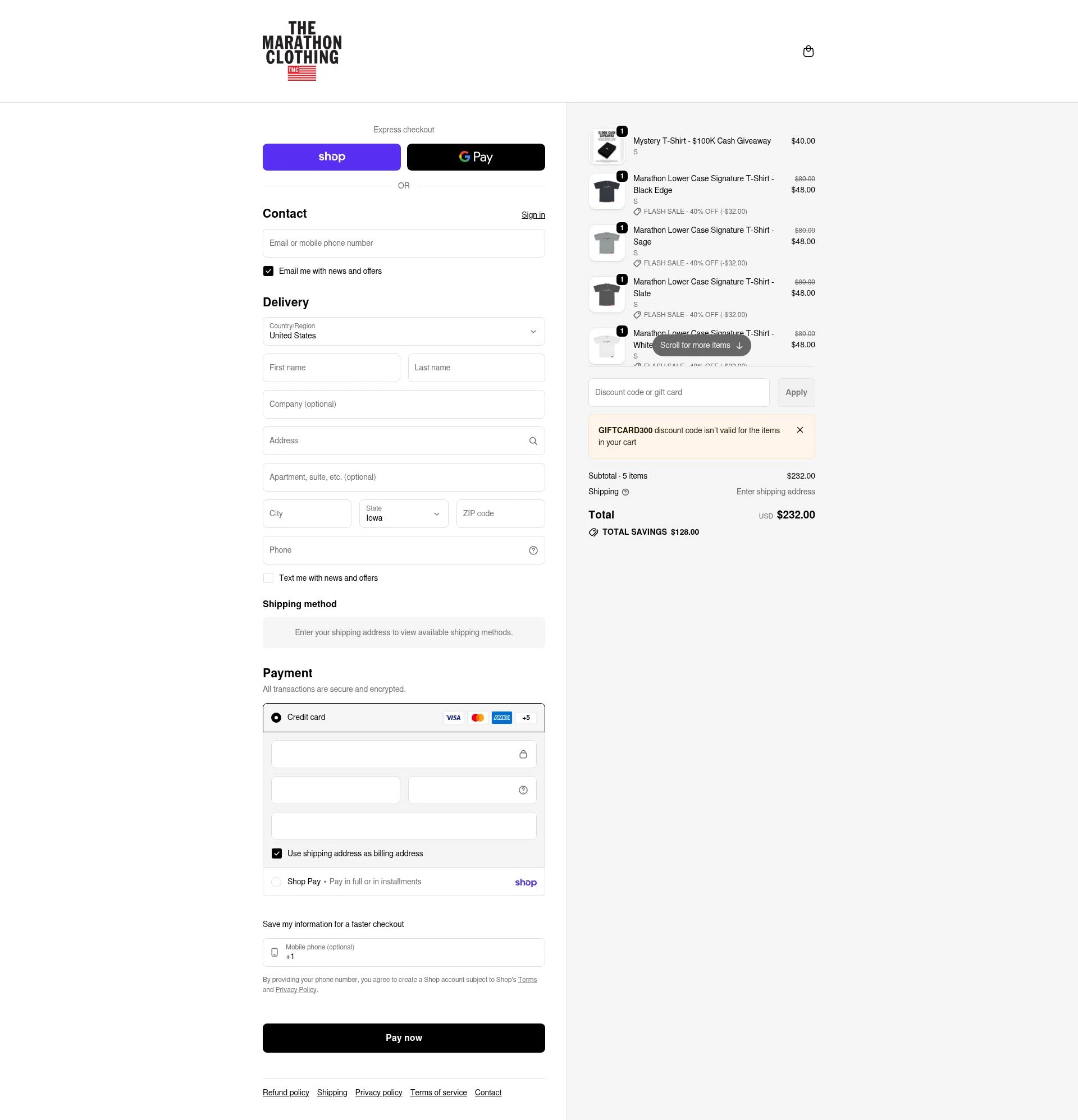 The Marathon Clothing checkout page showing The Marathon Clothing discount code box | Screenshot taken by SimplyCodes community member on Feb 9, 2026