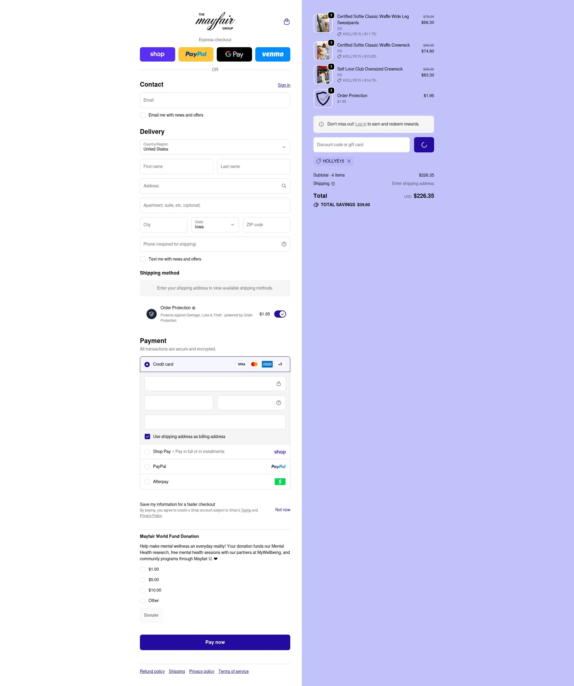The Mayfair Group checkout page showing The Mayfair Group promo code box | Screenshot taken by SimplyCodes community member on Feb 18, 2026