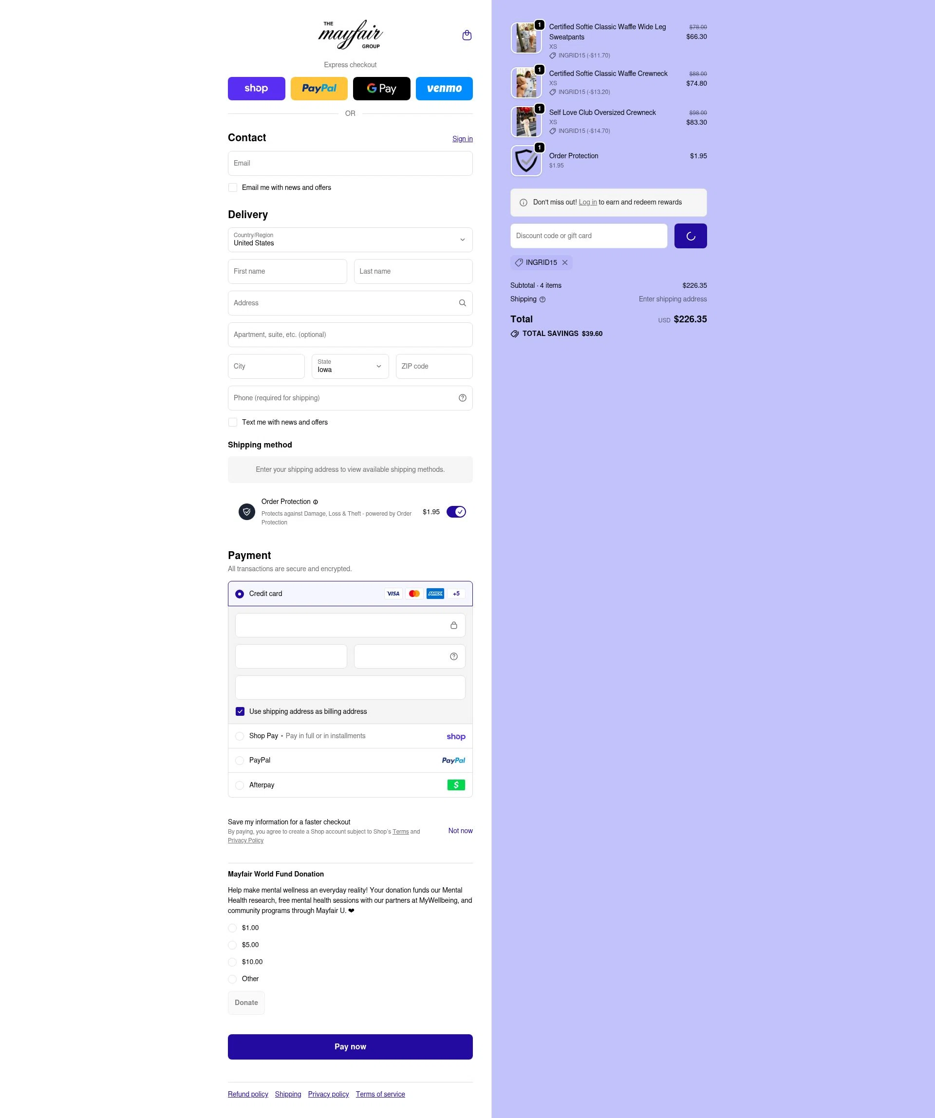 The Mayfair Group checkout page showing The Mayfair Group promo code box | Screenshot taken by SimplyCodes community member on Feb 18, 2026