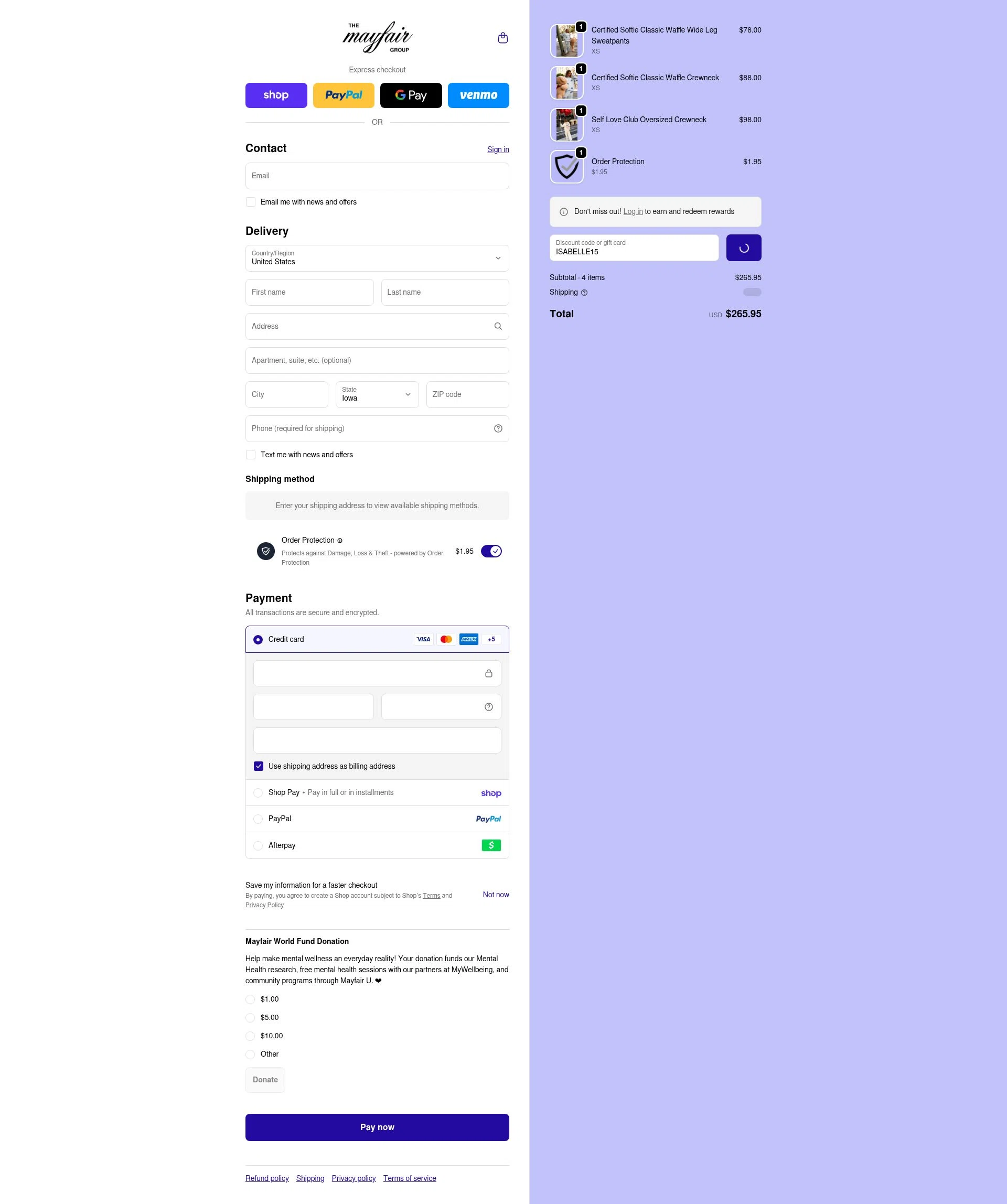 The Mayfair Group checkout page showing The Mayfair Group promo code box | Screenshot taken by SimplyCodes community member on Feb 18, 2026