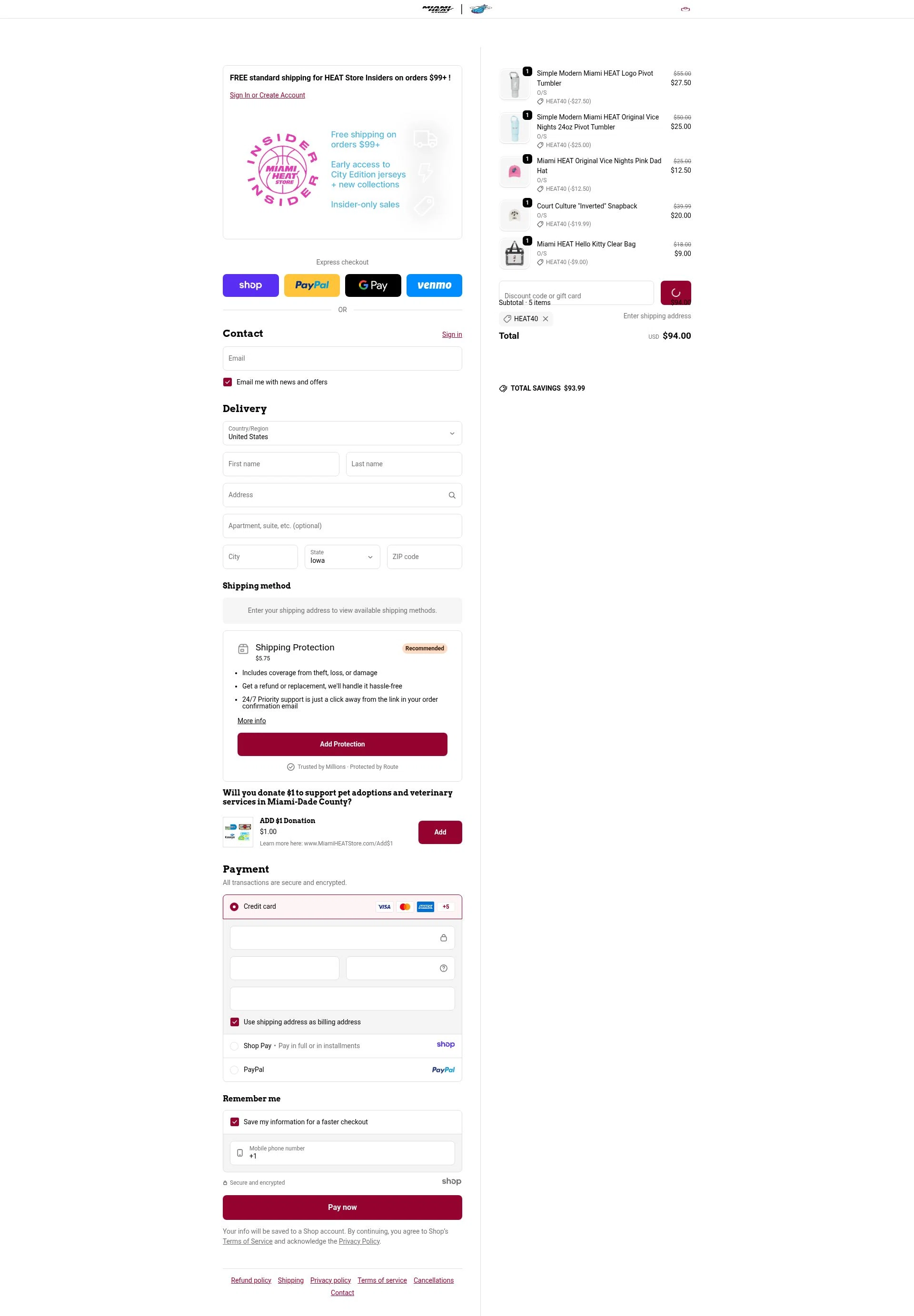 The Miami Heat Store checkout page showing The Miami Heat Store promo code box | Screenshot taken by SimplyCodes community member on Dec 23, 2025