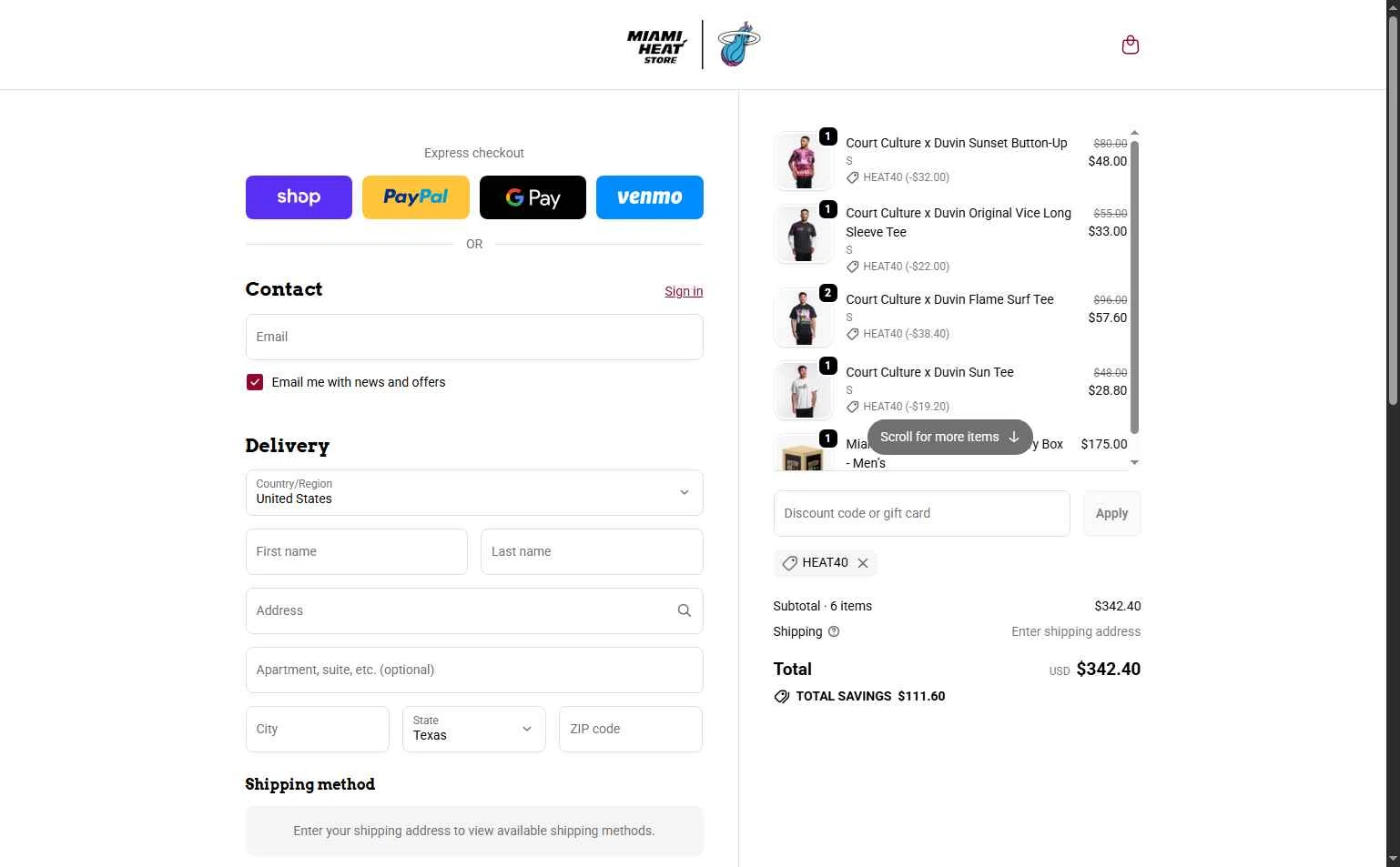 The Miami Heat Store checkout page showing The Miami Heat Store promo code box | Screenshot taken by SimplyCodes community member on Dec 12, 2025