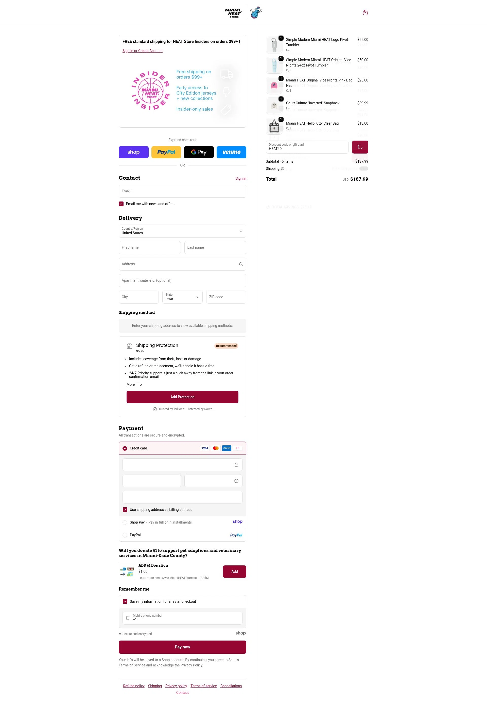 The Miami Heat Store checkout page showing The Miami Heat Store promo code box | Screenshot taken by SimplyCodes community member on Jan 2, 2026