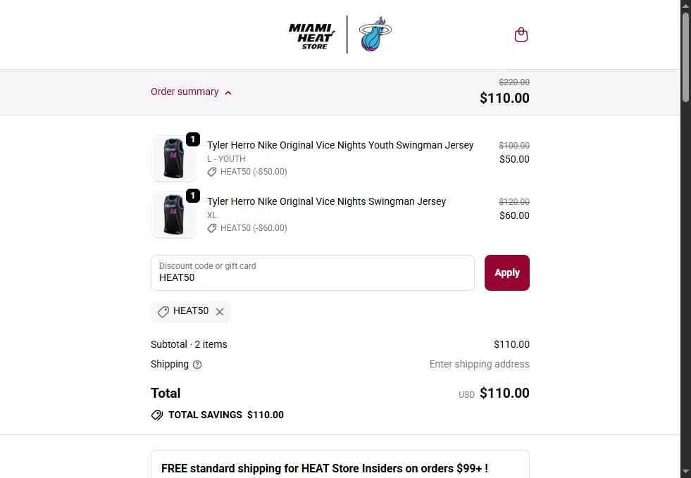 The Miami Heat Store checkout page showing The Miami Heat Store promo code box | Screenshot taken by SimplyCodes community member on Dec 23, 2025
