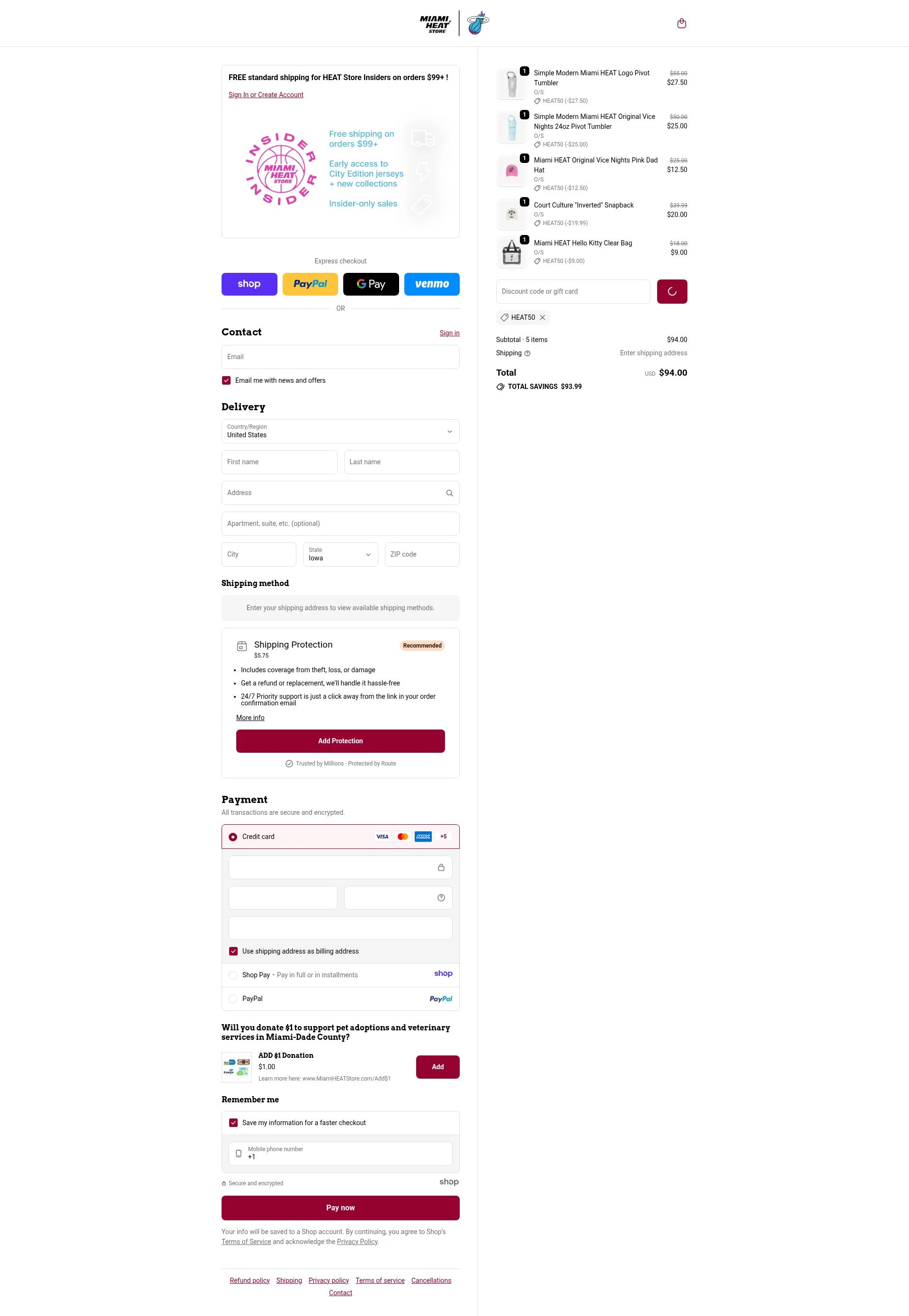 The Miami Heat Store checkout page showing The Miami Heat Store promo code box | Screenshot taken by SimplyCodes community member on Dec 28, 2025