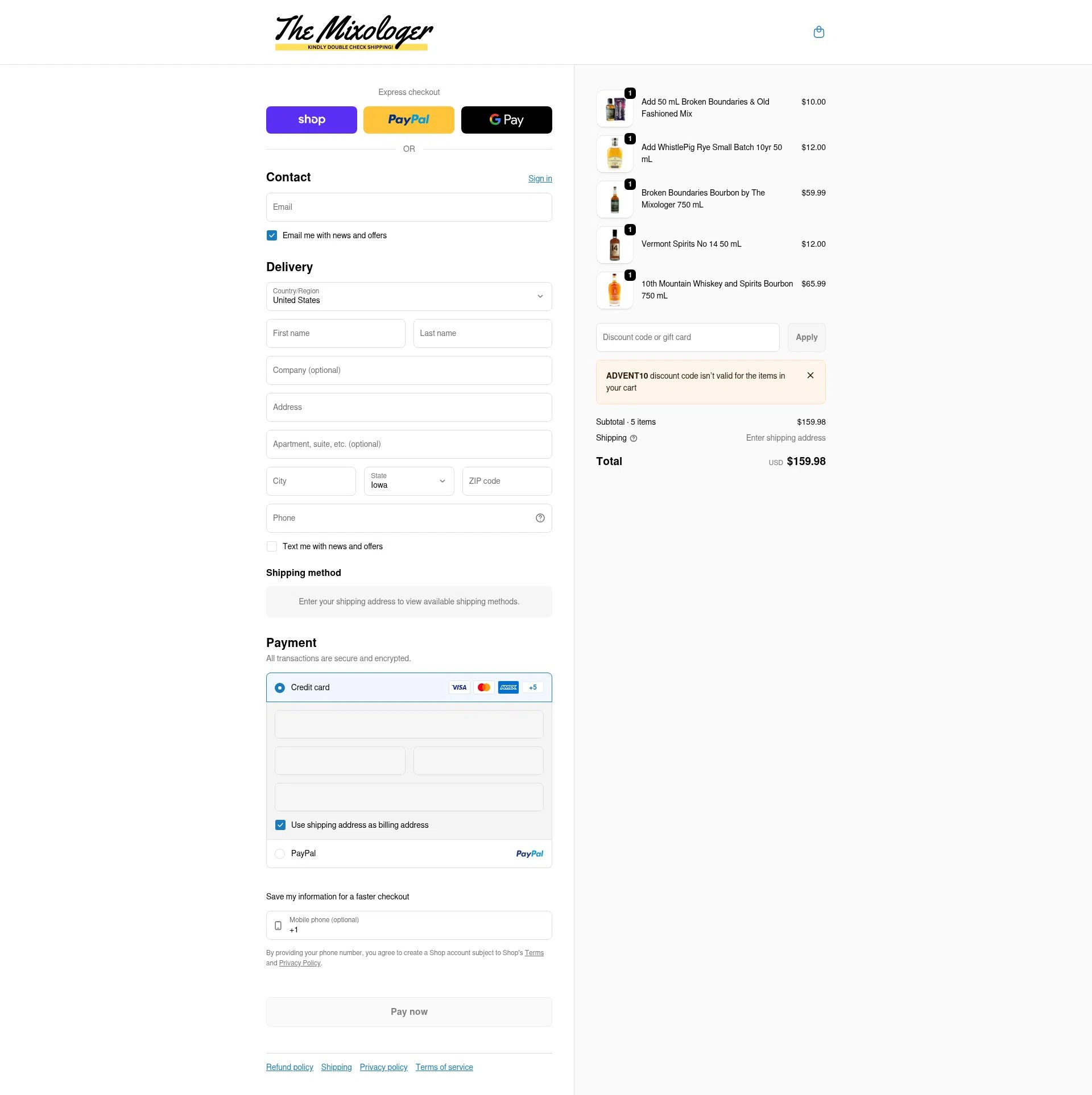 The Mixologer checkout page showing The Mixologer discount code box | Screenshot taken by SimplyCodes community member on Feb 1, 2026