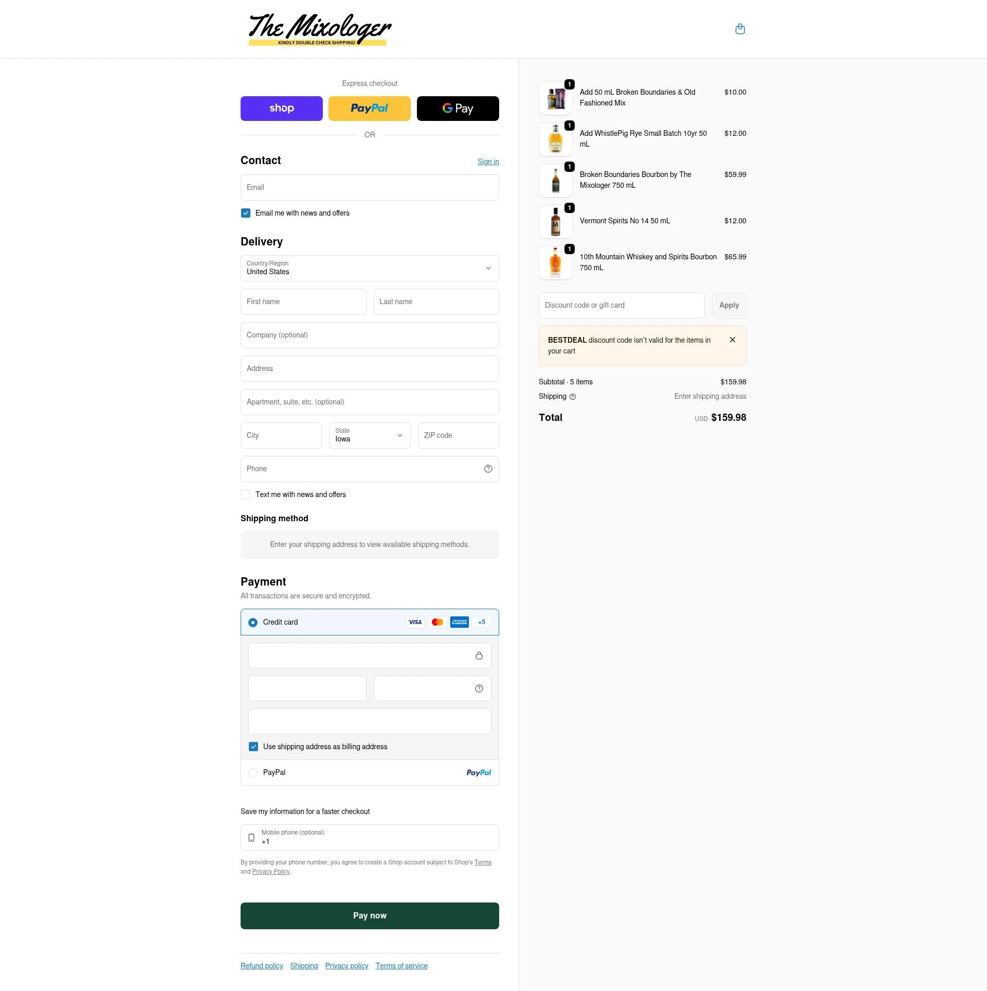 The Mixologer checkout page showing The Mixologer discount code box | Screenshot taken by SimplyCodes community member on Feb 1, 2026