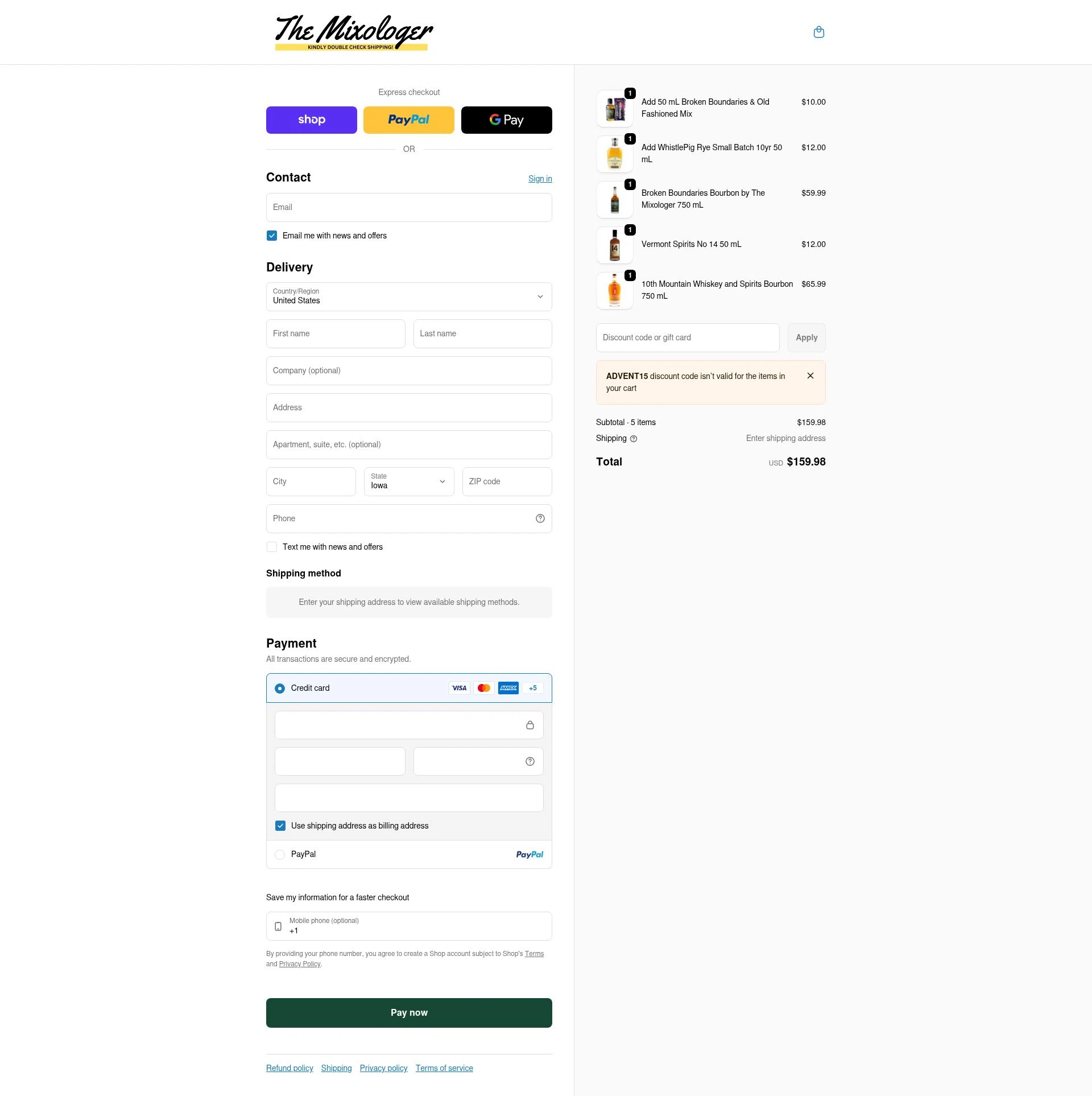The Mixologer checkout page showing The Mixologer discount code box | Screenshot taken by SimplyCodes community member on Feb 1, 2026