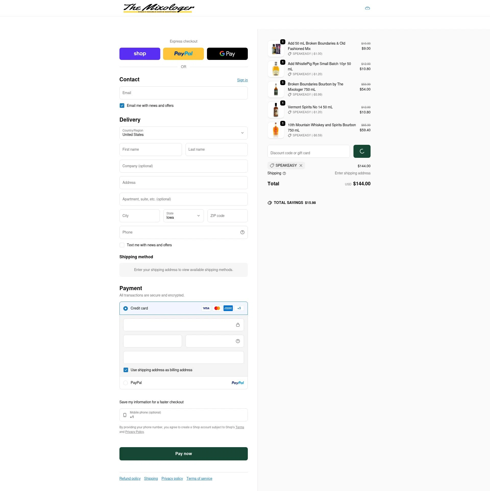 The Mixologer checkout page showing The Mixologer discount code box | Screenshot taken by SimplyCodes community member on Feb 1, 2026