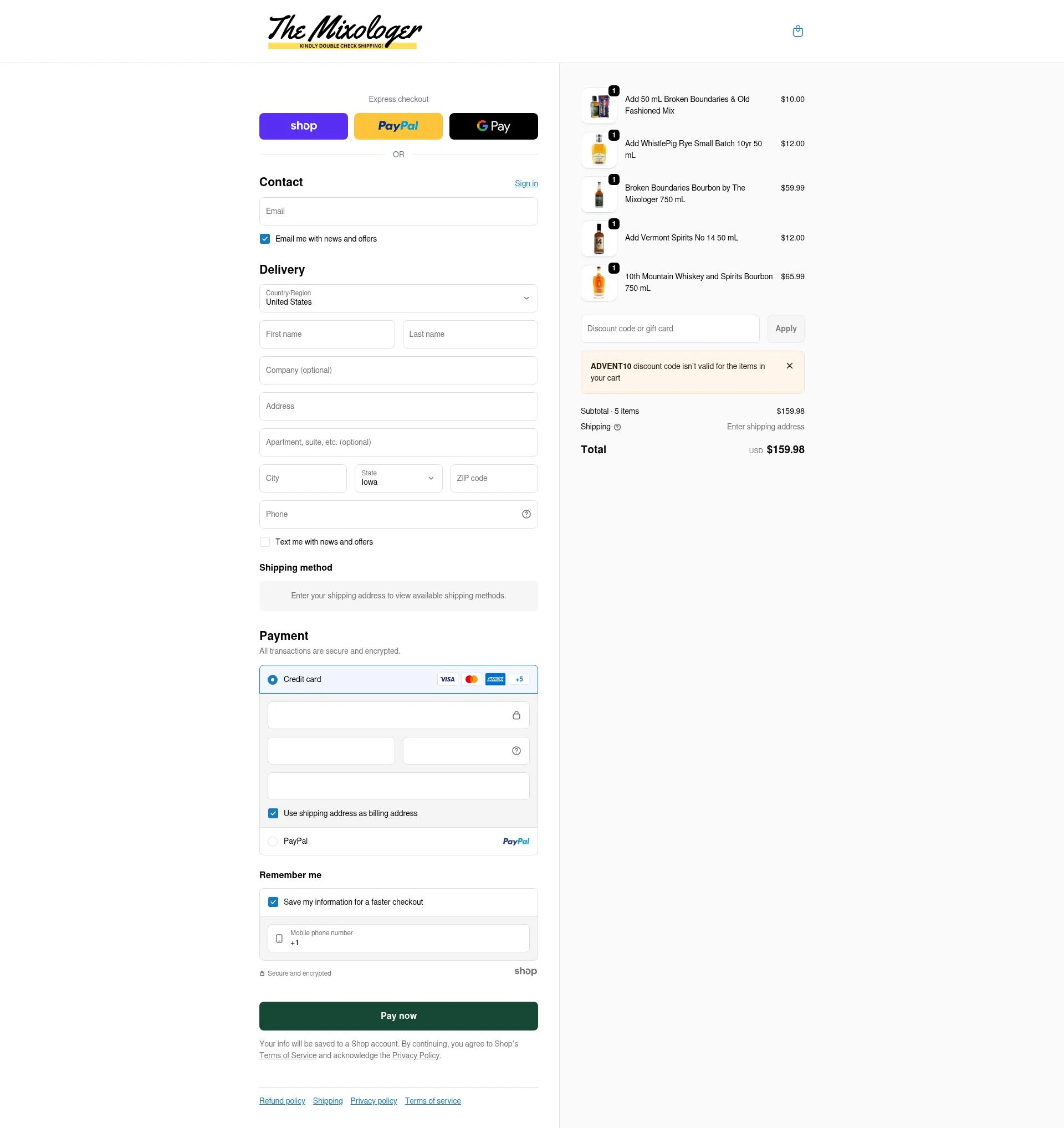 The Mixologer checkout page showing The Mixologer discount code box | Screenshot taken by SimplyCodes community member on Jan 28, 2026