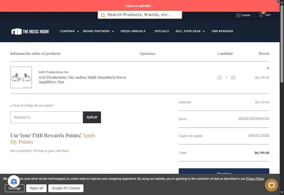 The Music Room checkout page showing The Music Room coupon code box | Screenshot taken by SimplyCodes community member on Jun 14, 2025
