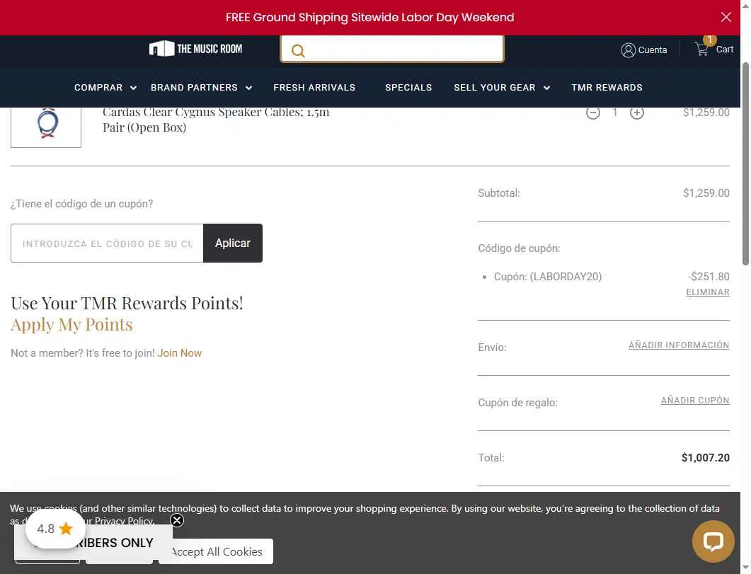 The Music Room checkout page showing The Music Room coupon code box | Screenshot taken by SimplyCodes community member on Aug 30, 2025
