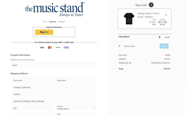 The Music Stand checkout page showing The Music Stand coupon code box | Screenshot taken by SimplyCodes community member on Jul 3, 2025