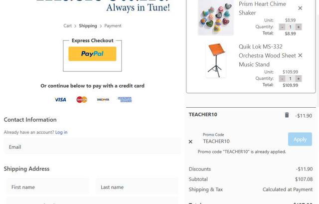 The Music Stand checkout page showing The Music Stand coupon code box | Screenshot taken by SimplyCodes community member on Aug 1, 2025